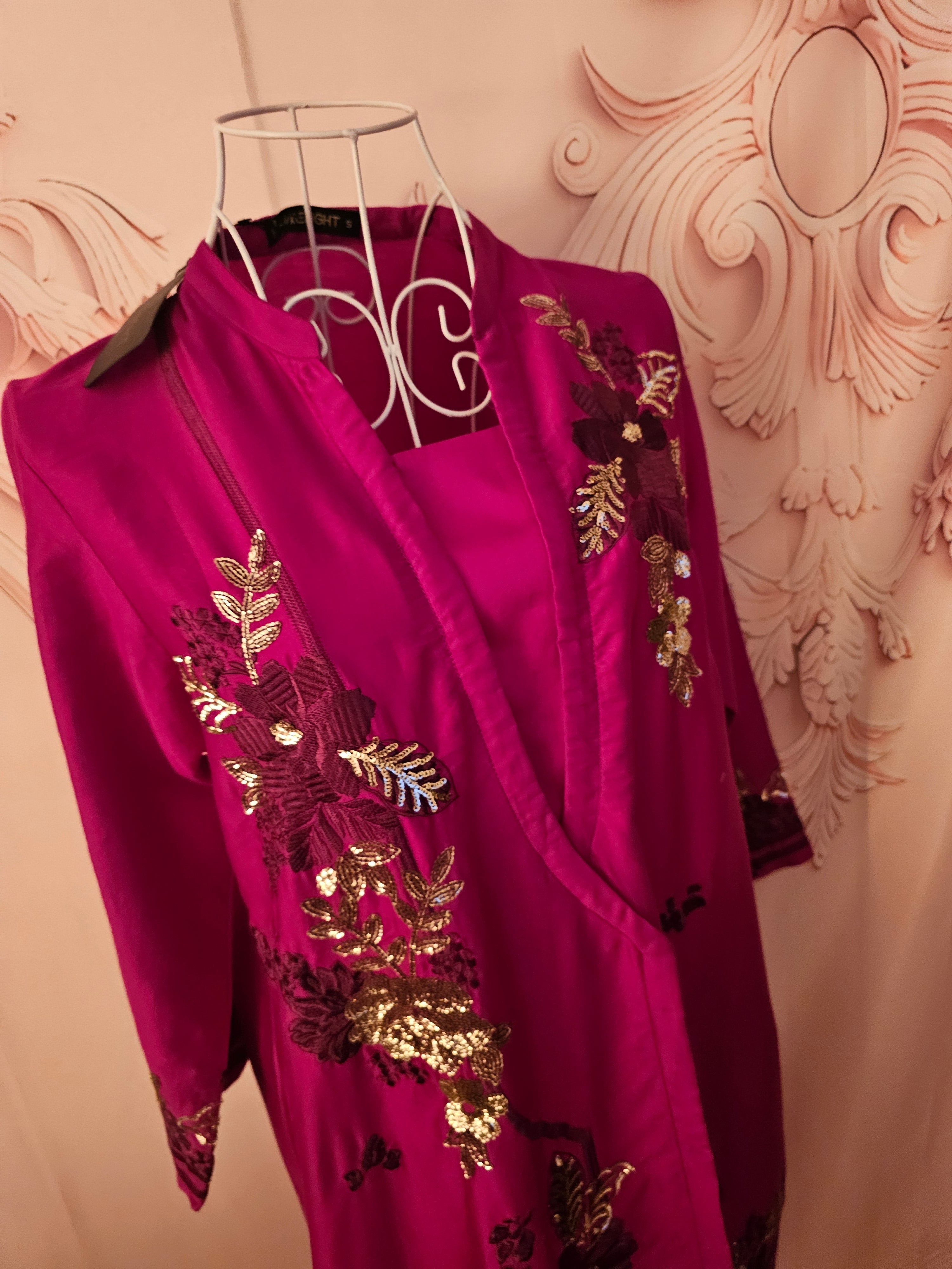 Limelight Cerise Pink Satin Embroidered Dress — 3/4 Sleeve — Size S