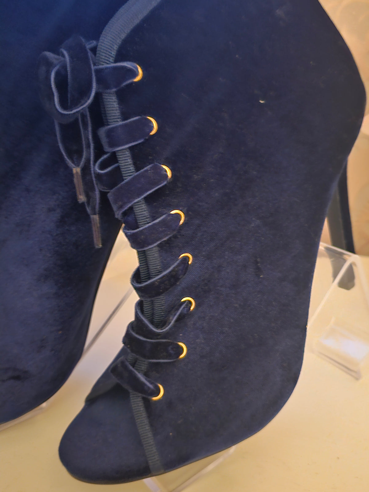 Ladies Glamourous Navy Blue Velvet Toeless Stiletto Ankle Boots