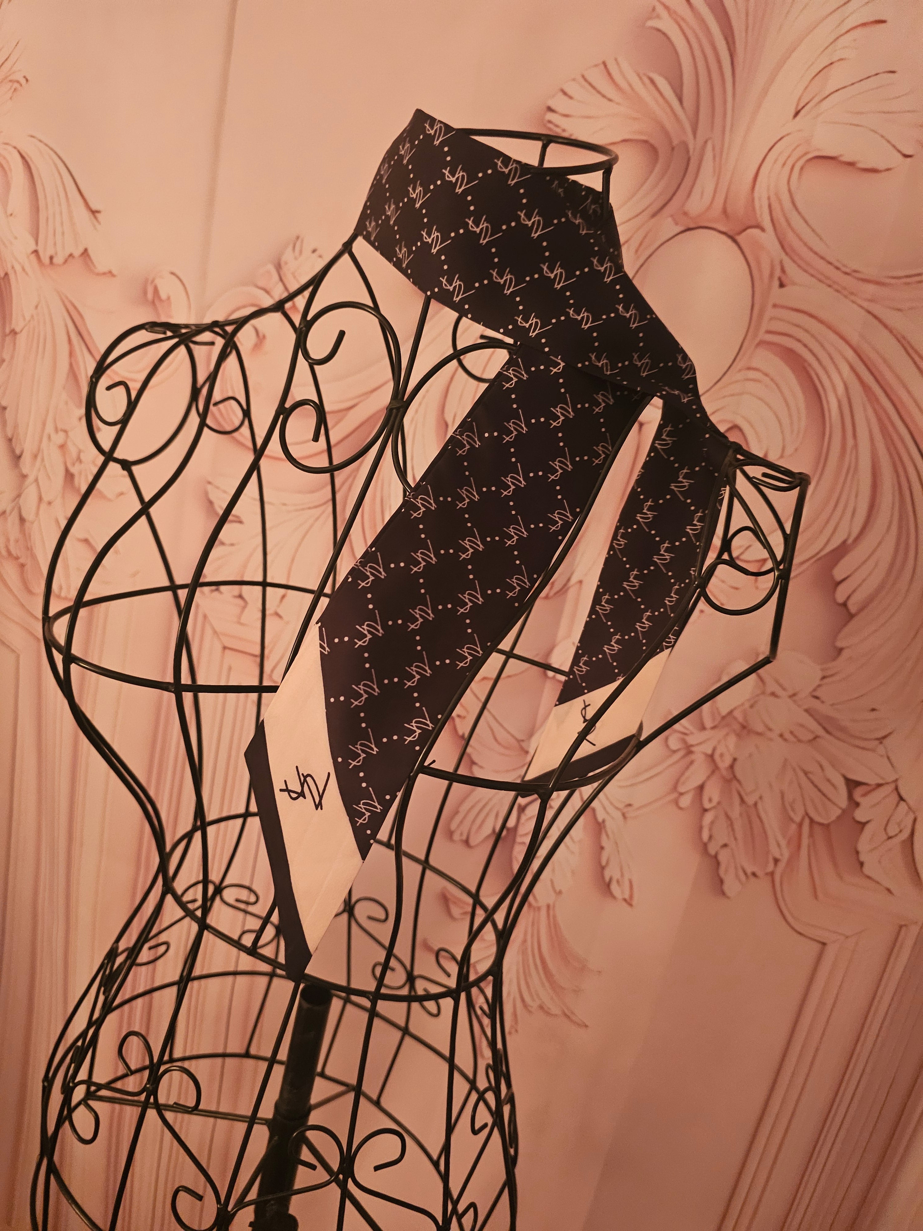 Ladies Black & Cream Silk Neck Tie Scarf