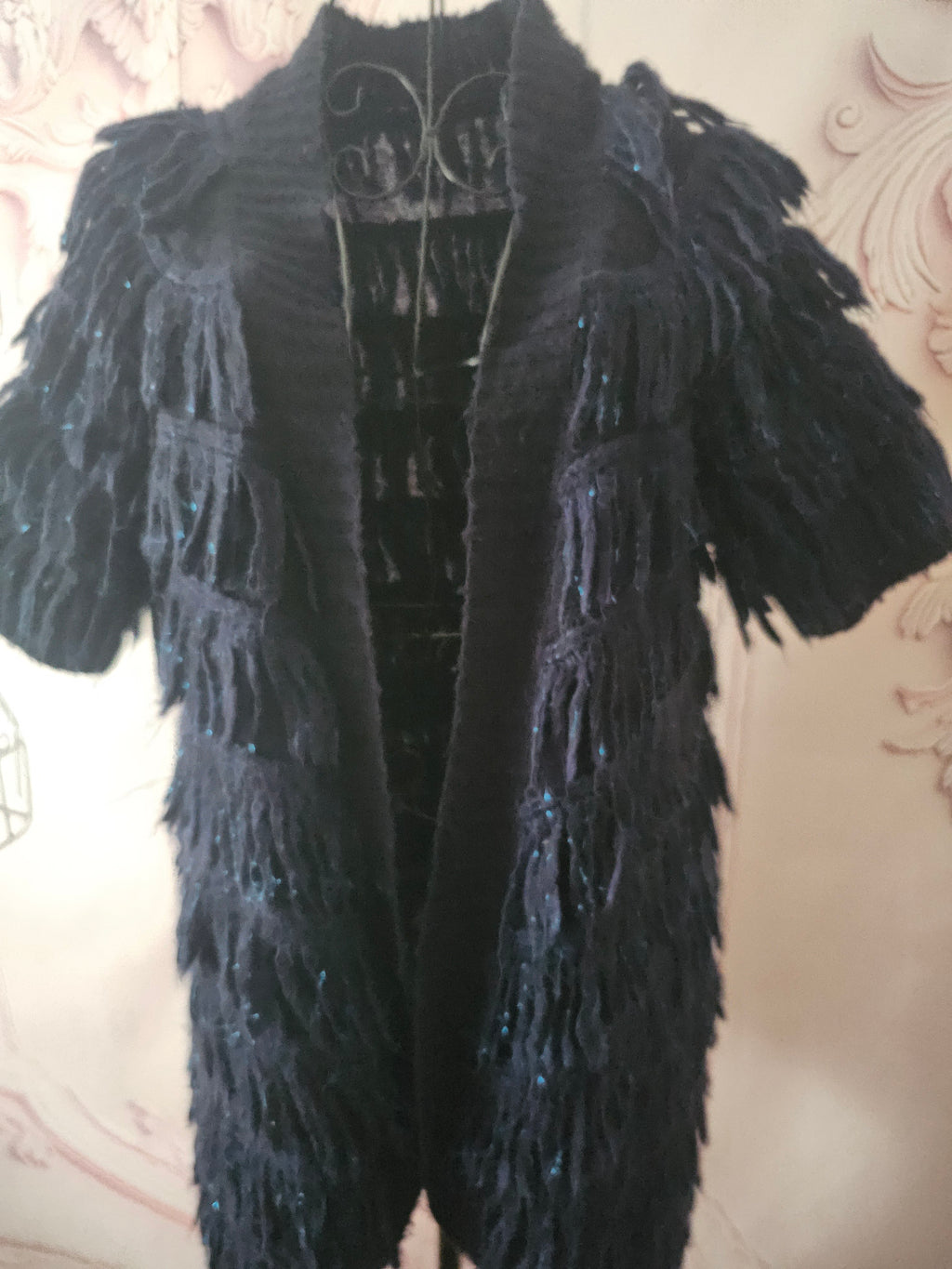 Ladies Navy Blue Fringed Miss Selfridge Short Sleeved Cardigan