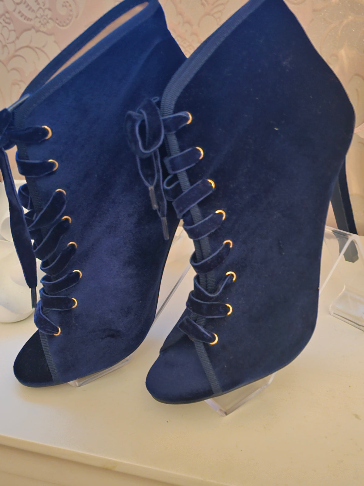 Ladies Glamourous Navy Blue Velvet Toeless Stiletto Ankle Boots