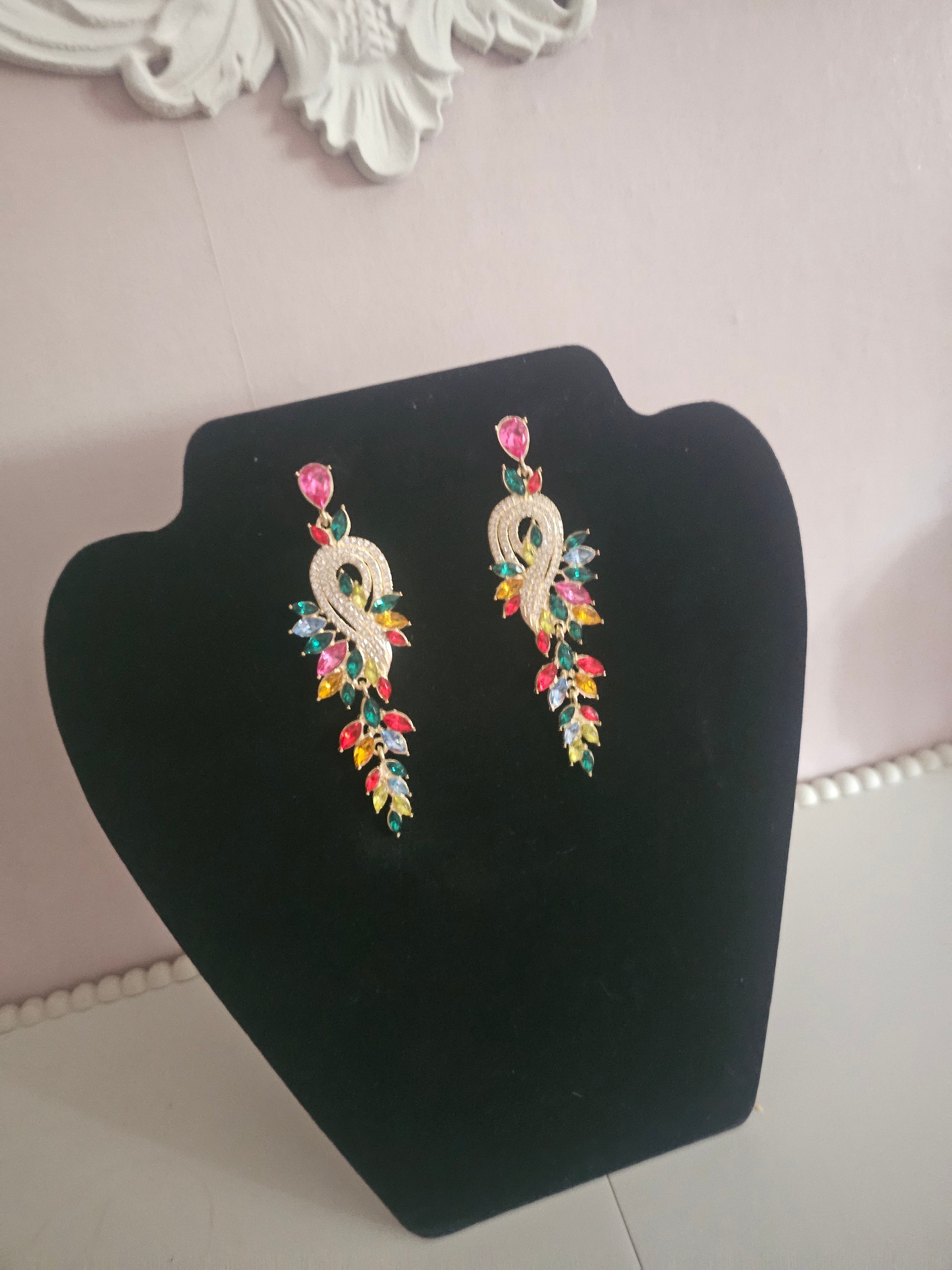 Ladies multi coloured gemstone diamonte dress earrings