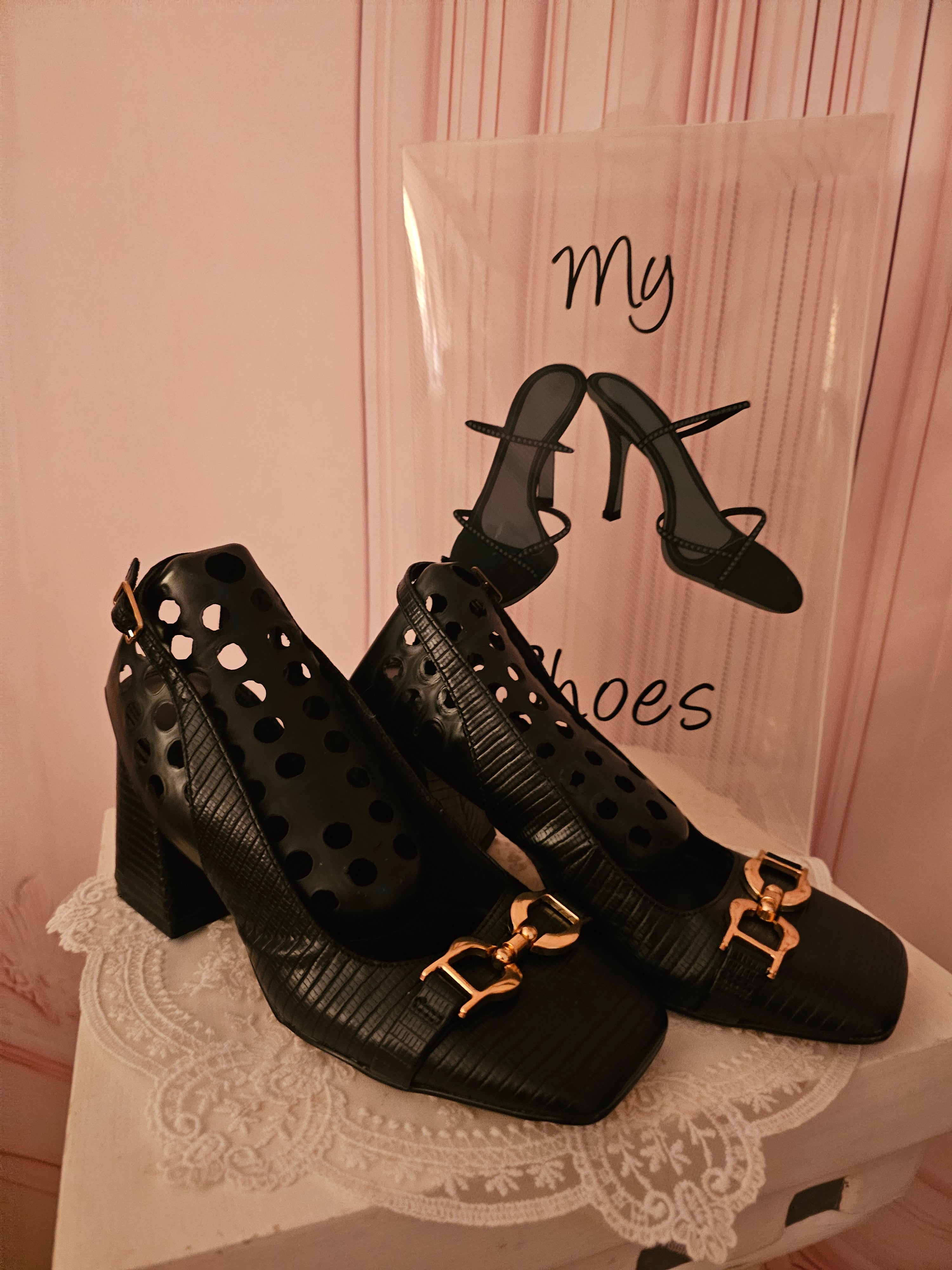 Ladies Black Patent Square Toes Block Heel Slingbacks
