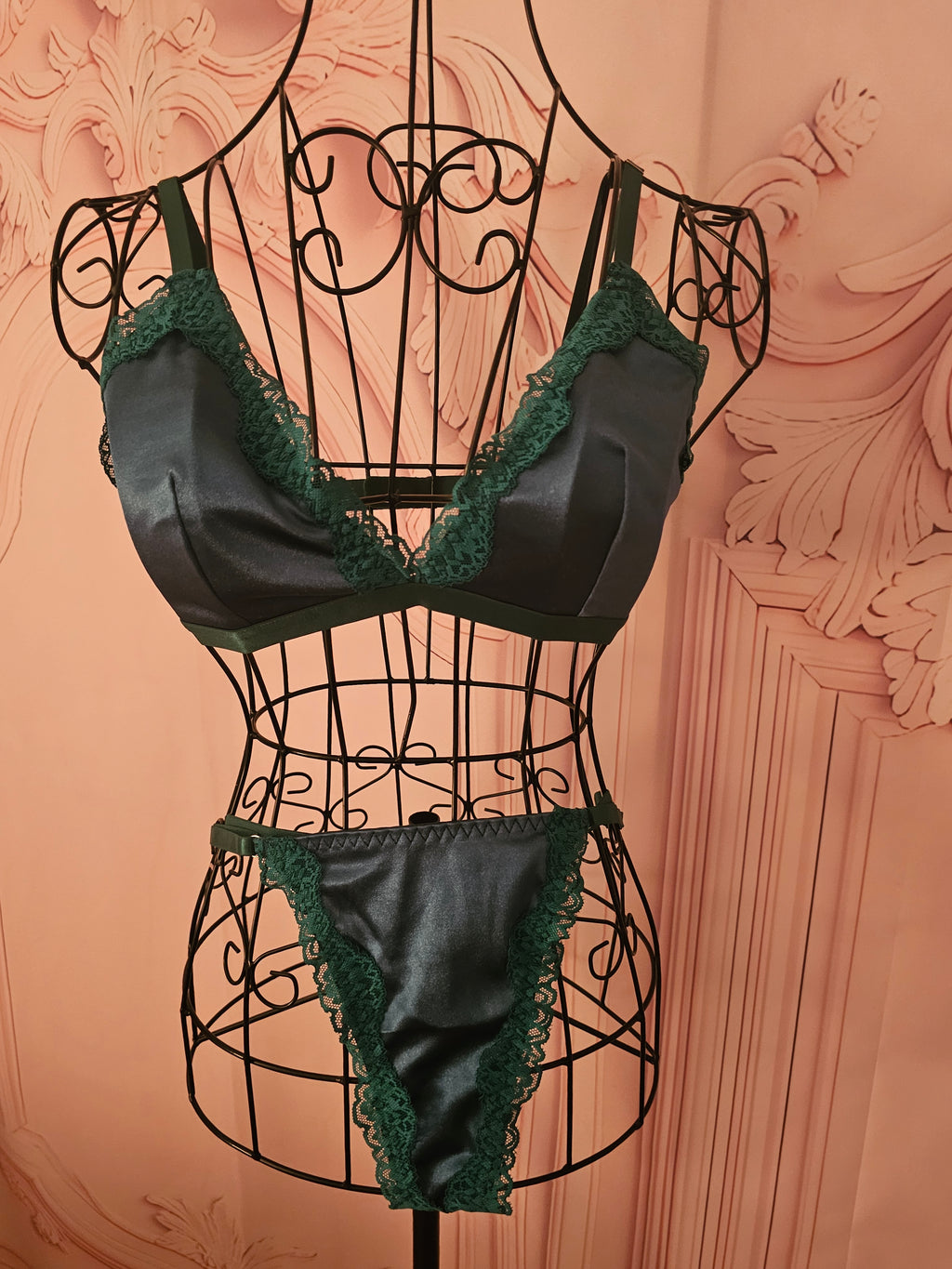 Ladies Bottle Green Satin Underwear Set