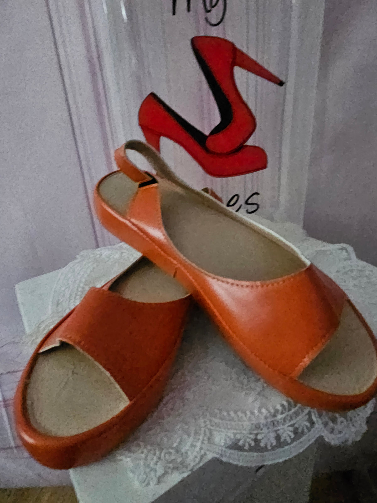 Ladies orange toeless platform slingbacks