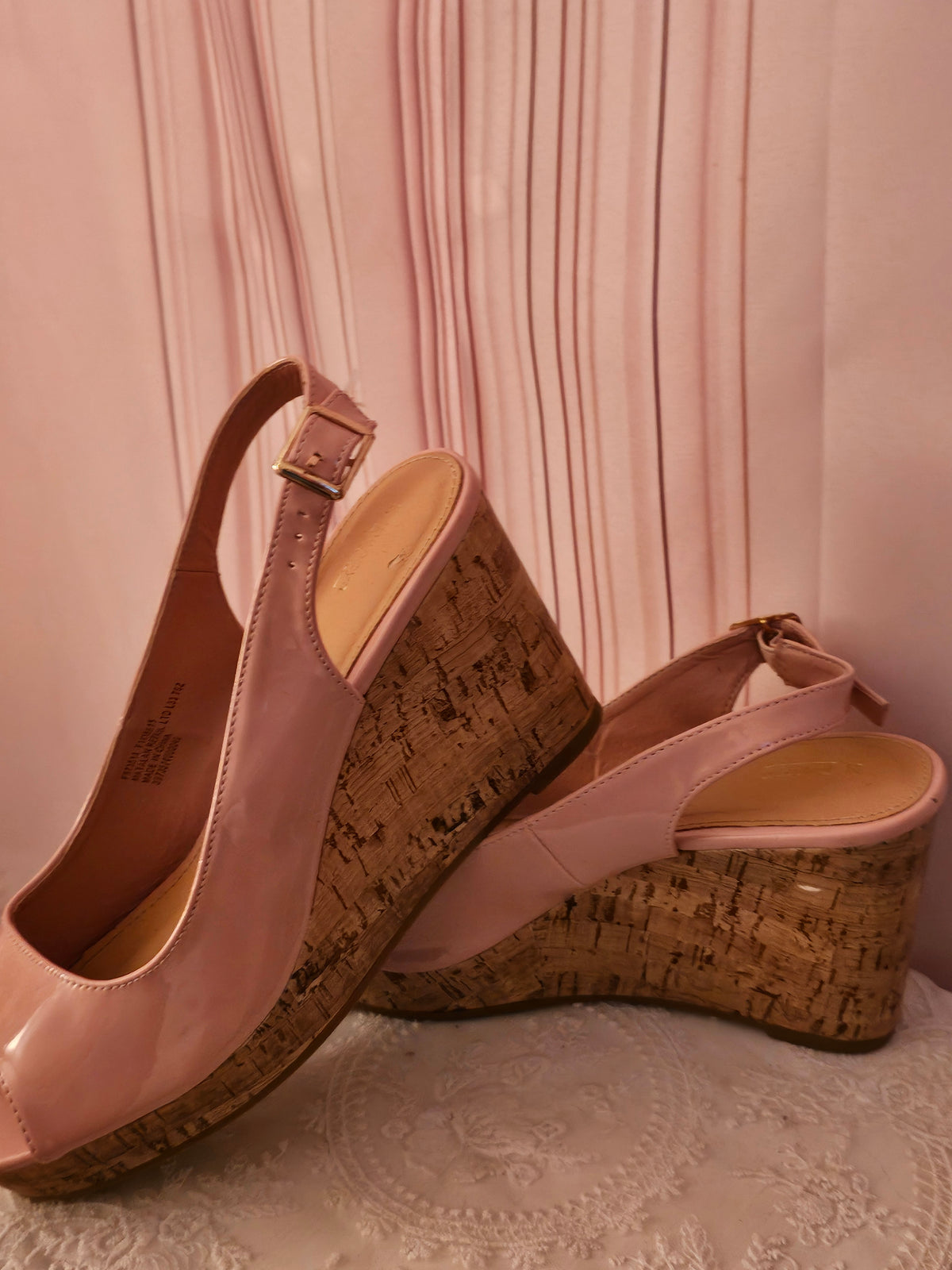 Pink Paitent Toeless Cork Slingback Wedges