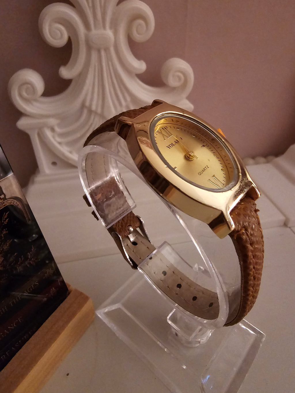 Ladies Tan Strap with Gold Oval Faced Watch
