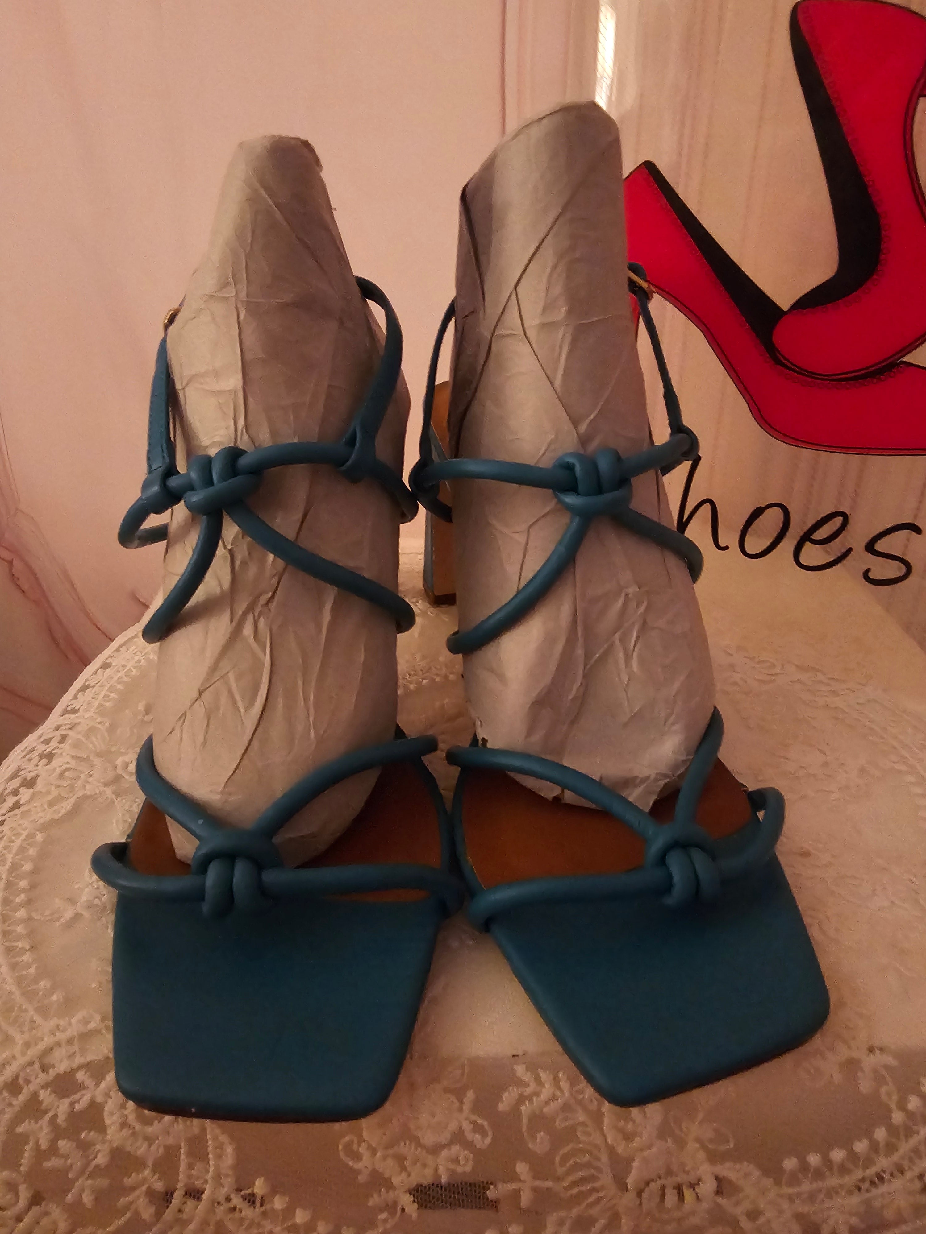 Ladies Turquoise Block Heeled Strappy Heels