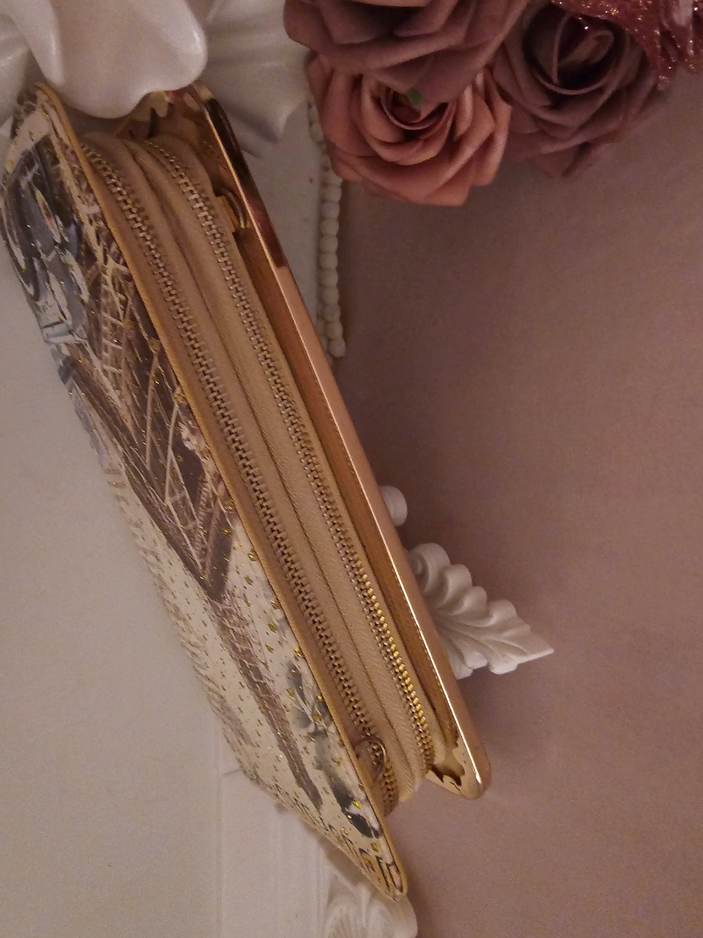 Ladies Large Classy Gold Purse with Paris Print Design