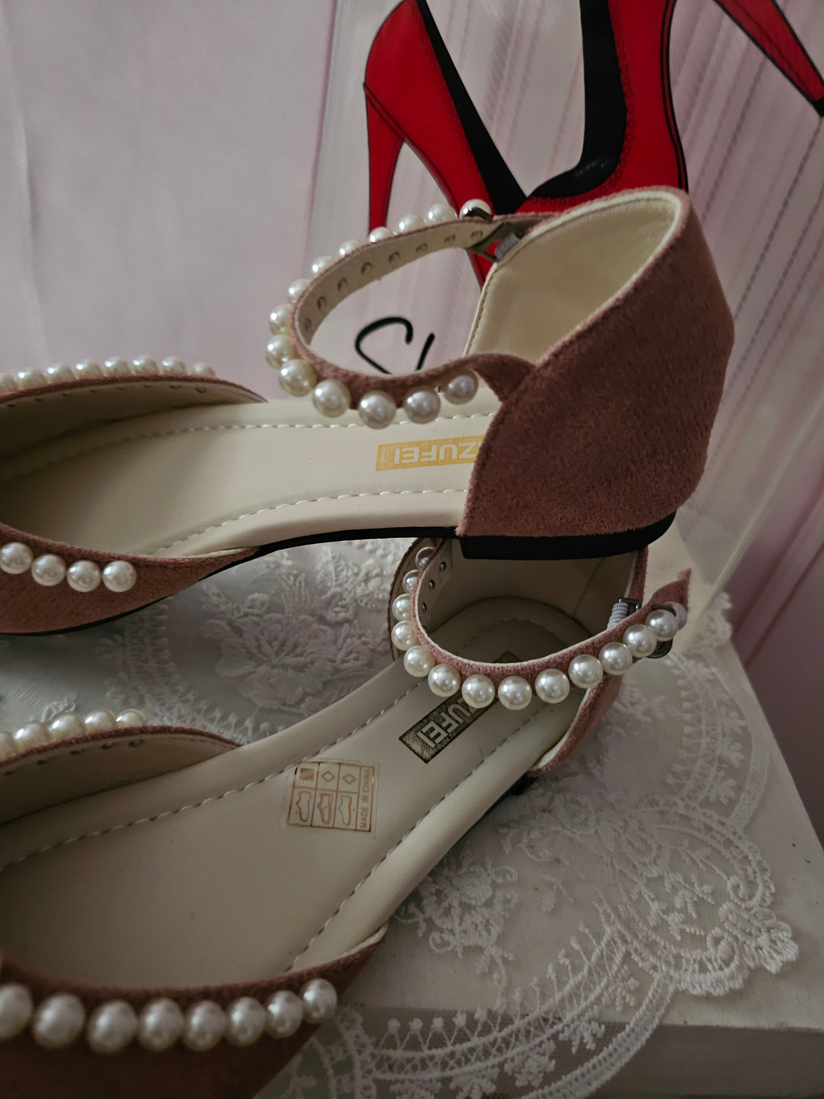 Ladies Dusky Pink Flats with Pearls Design
