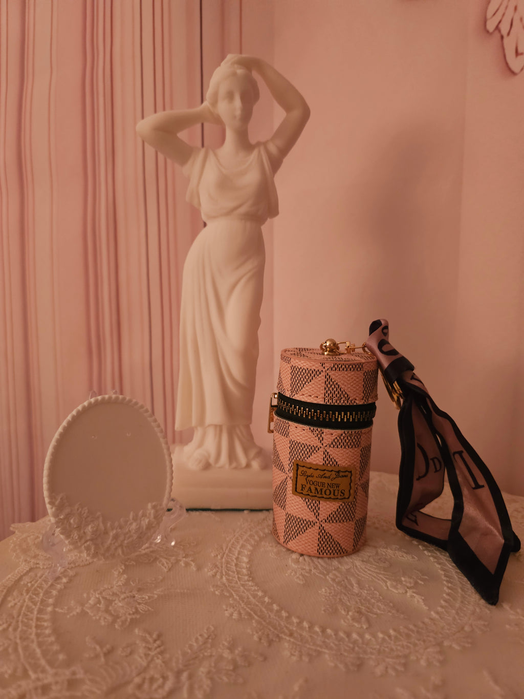 Ladies pink check Lipstick or Key holder