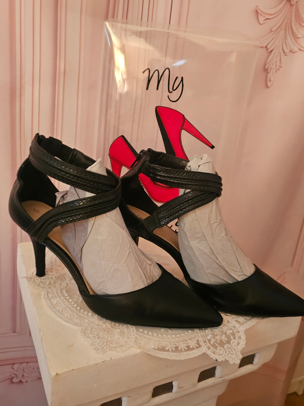 Ladies black leather Next Cross Over Heels