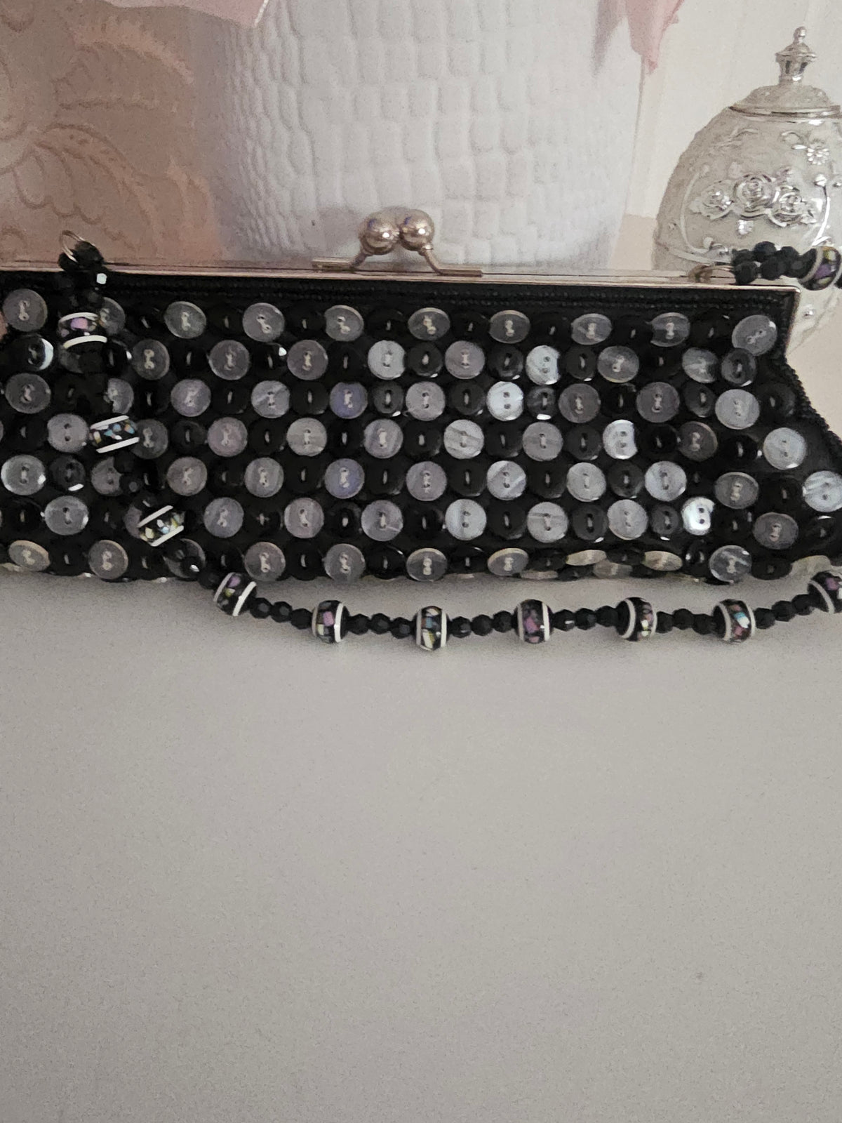 Ladies Black beaded & button detailed Shoulder strap bag