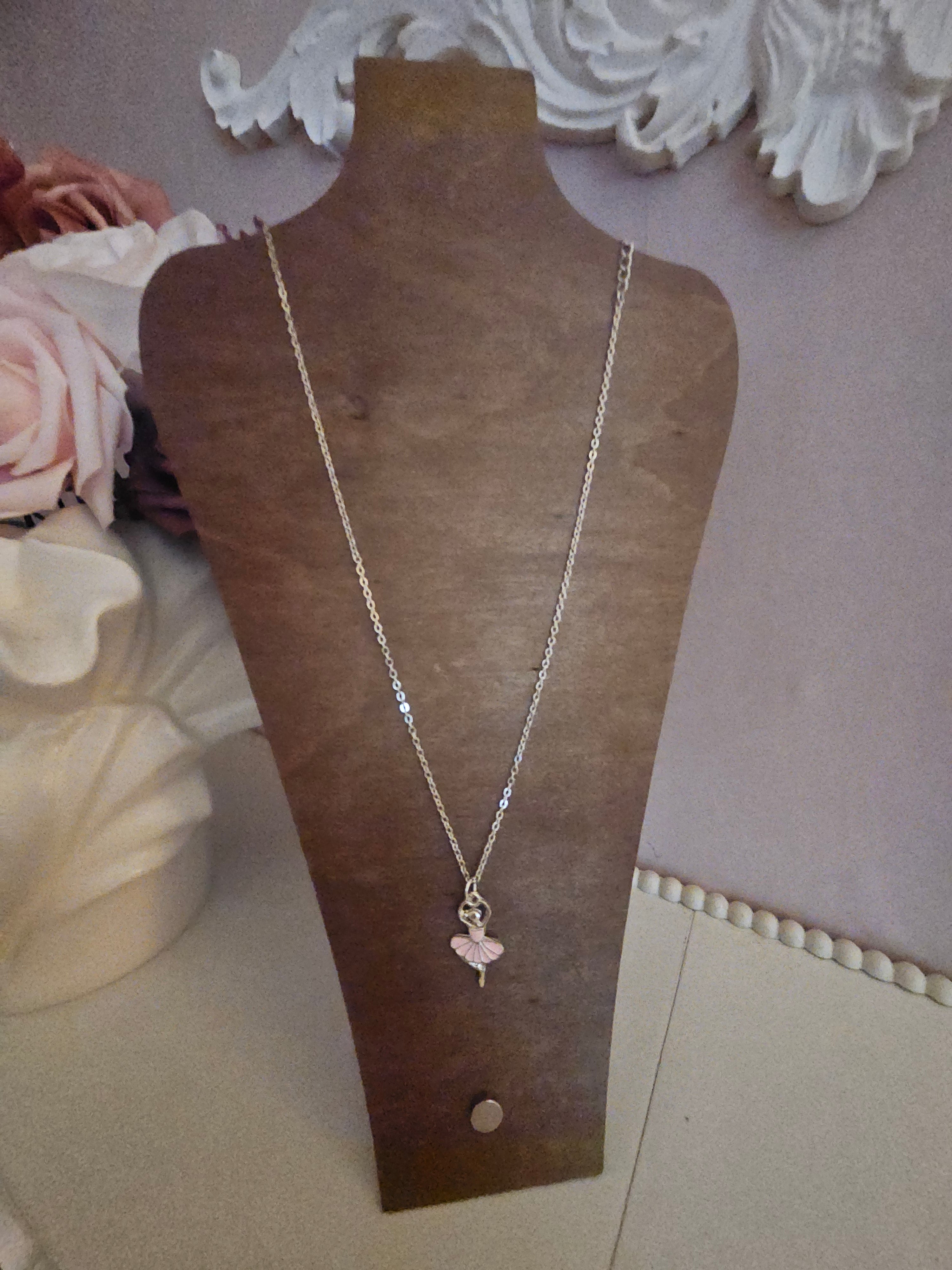 Dainty pink ballerina pendant on silver necklace
