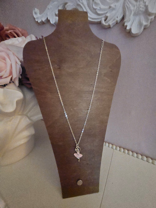 Dainty pink ballerina pendant on silver necklace