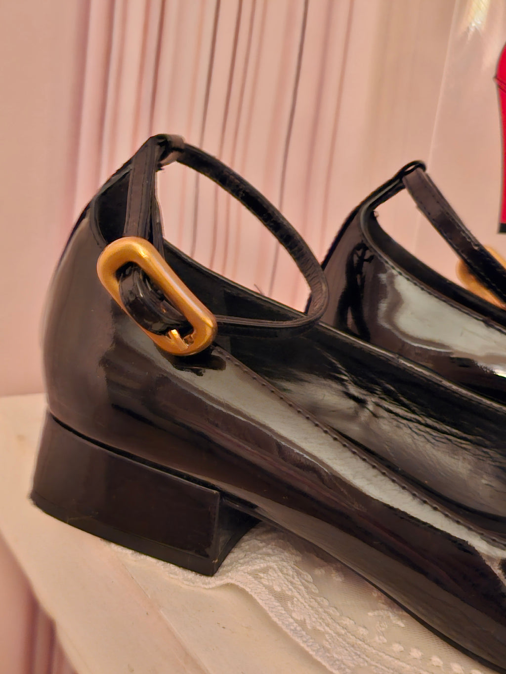 Ladies Black Paitent Massimo Dutti Buckle Ankle Strap Ballet Style Flats