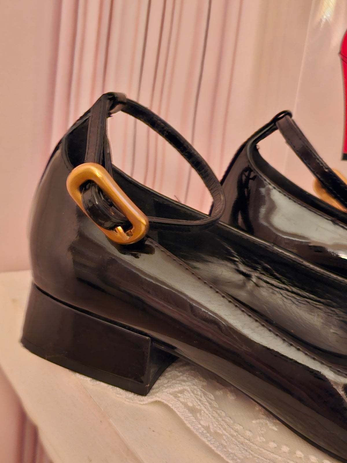 Ladies Black Paitent Massimo Dutti Buckle Ankle Strap Ballet Style Flats