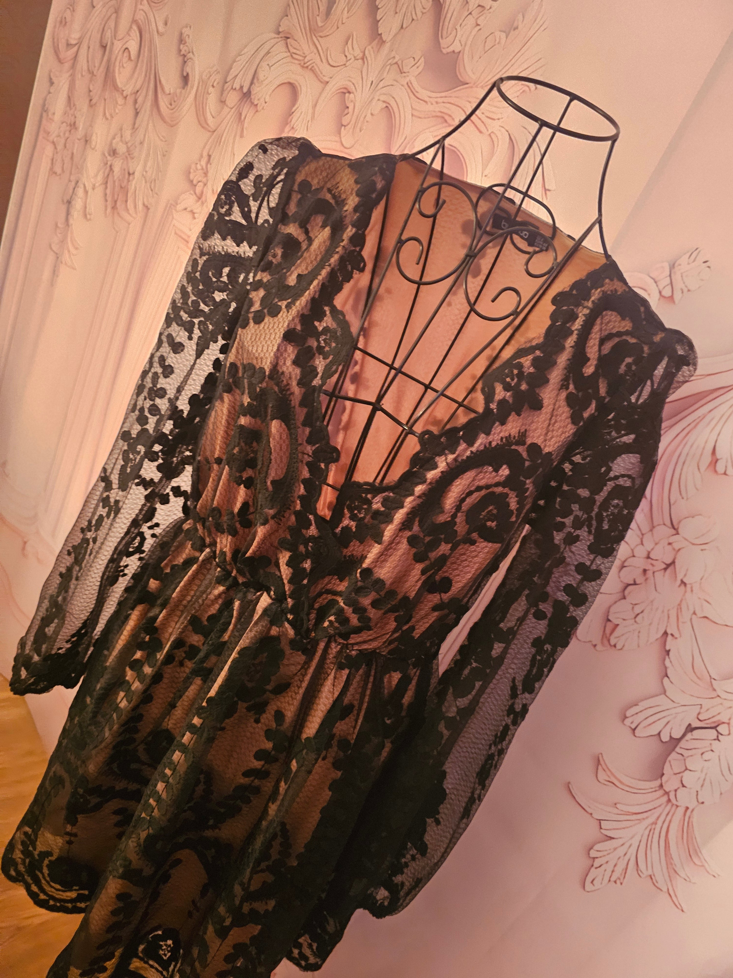 Ladies black lacy boohoo evening dress