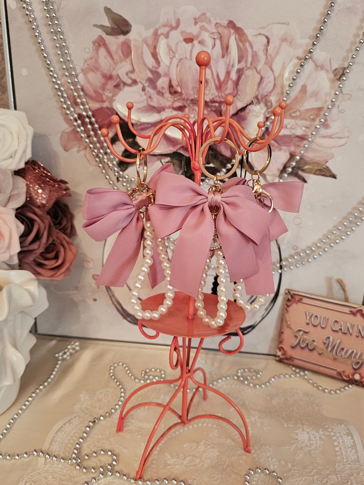 Ladies x 3 classy large pink bow with set of pearls keyrings and gold circle pendant