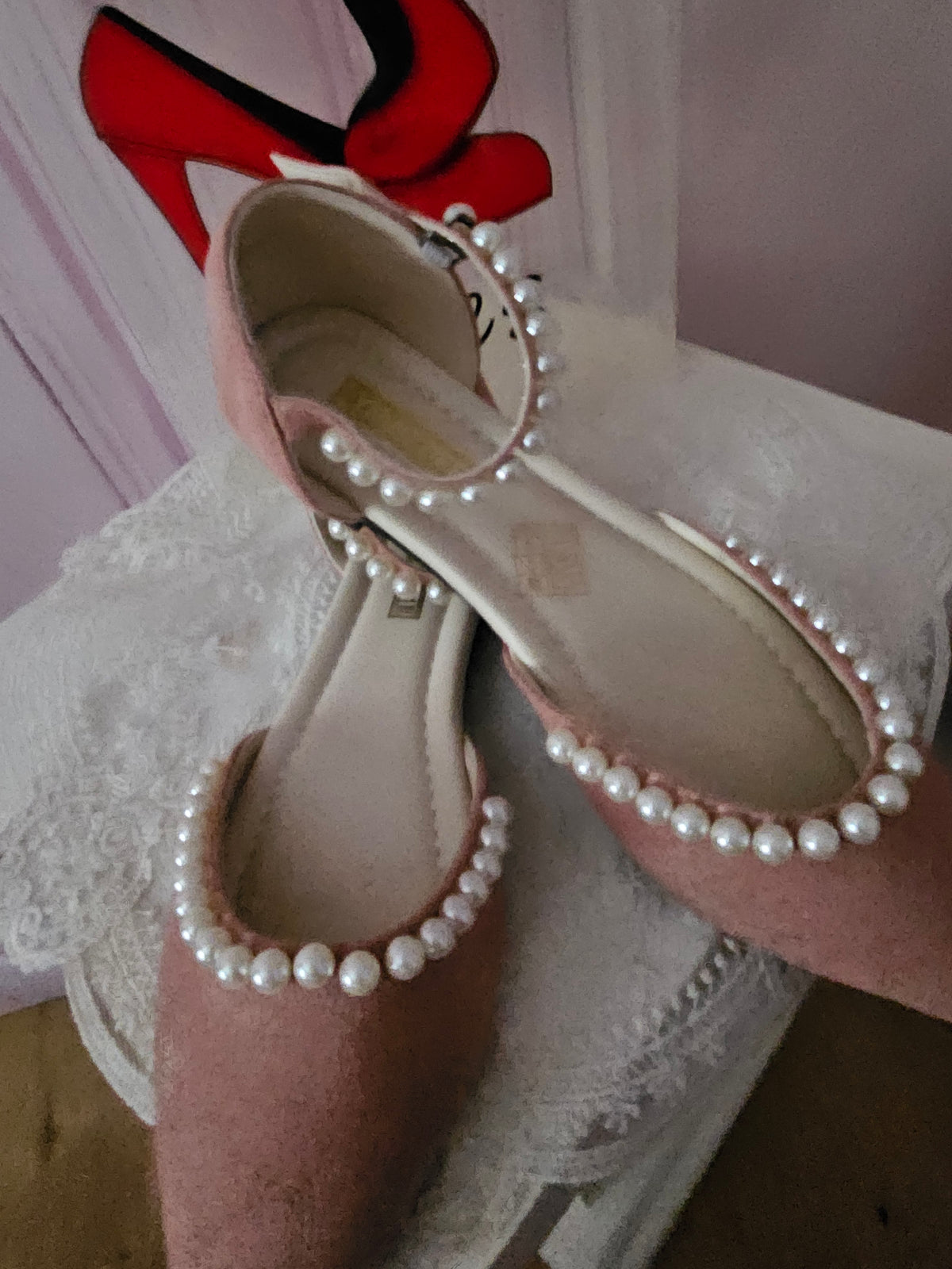 Ladies Dusky Pink Flats with Pearls Design