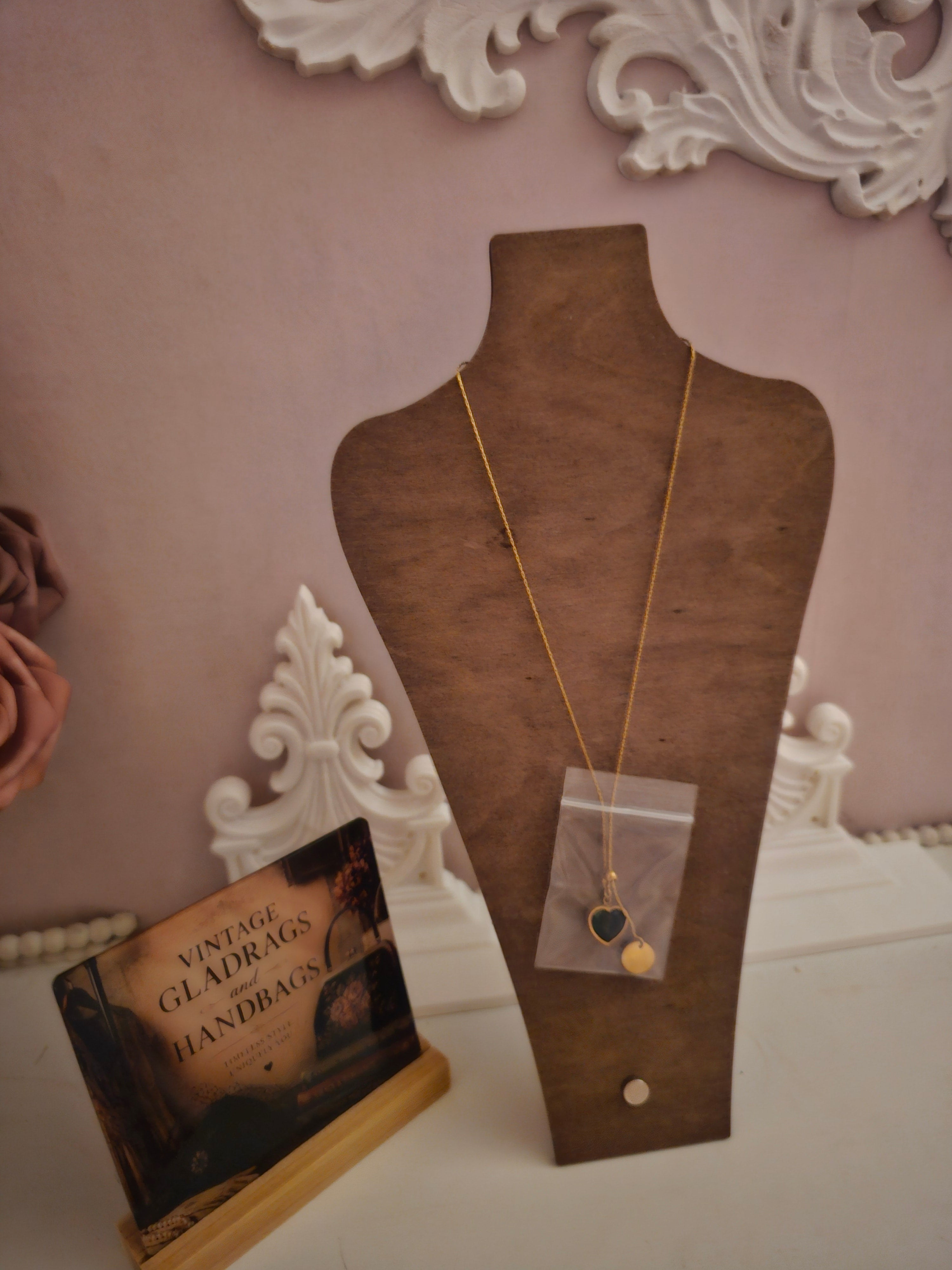 Ladies Gold Necklace with Emerald Green Heart and Gold Circle Pendant