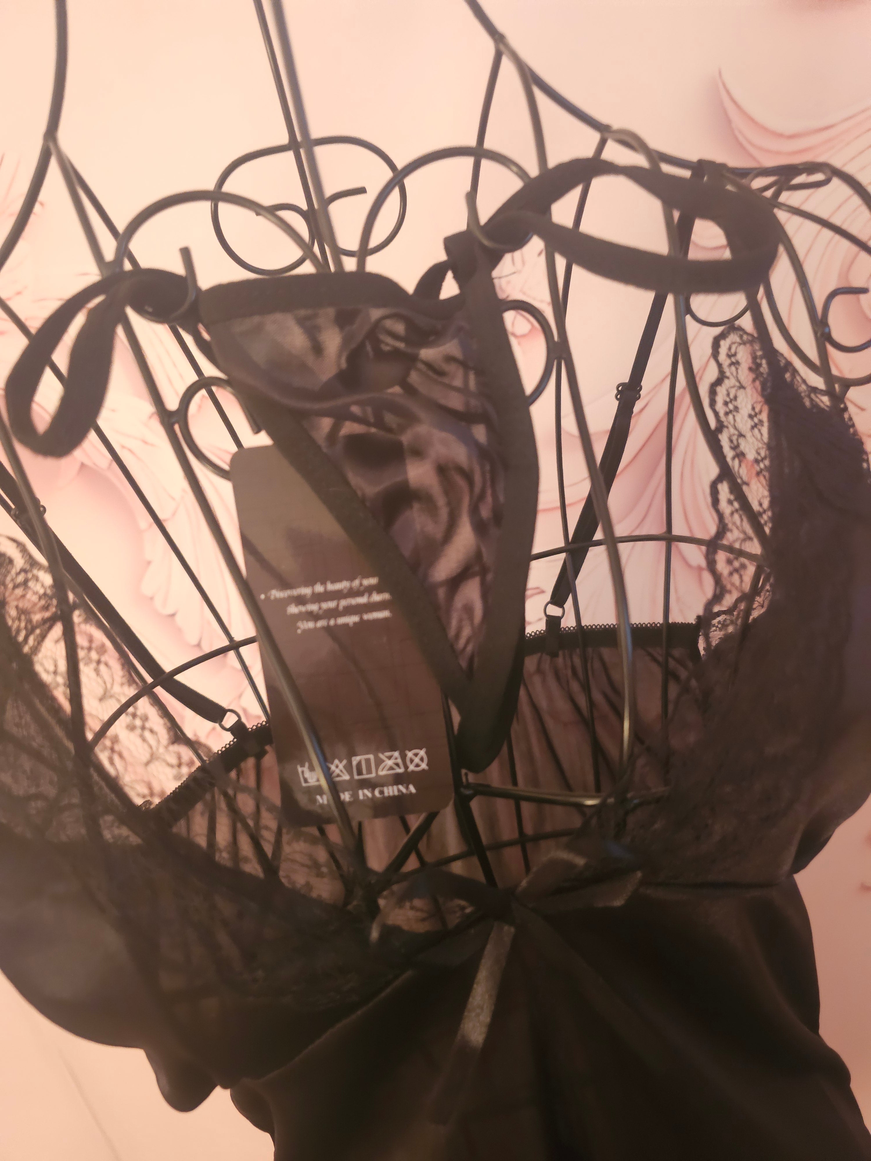 Ladies Black Silky Night Slip with Matching Gstring
