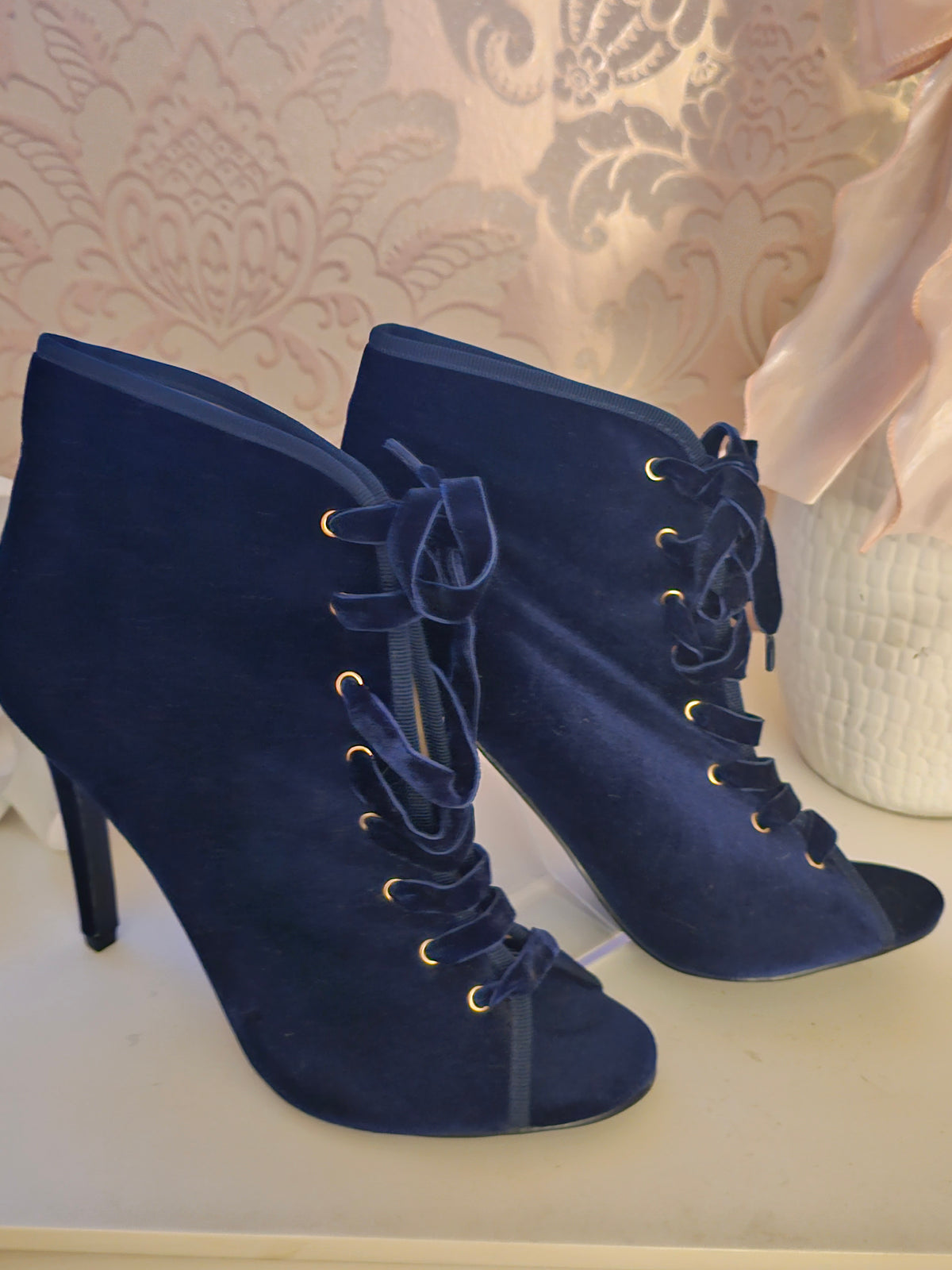 Ladies Glamourous Navy Blue Velvet Toeless Stiletto Ankle Boots