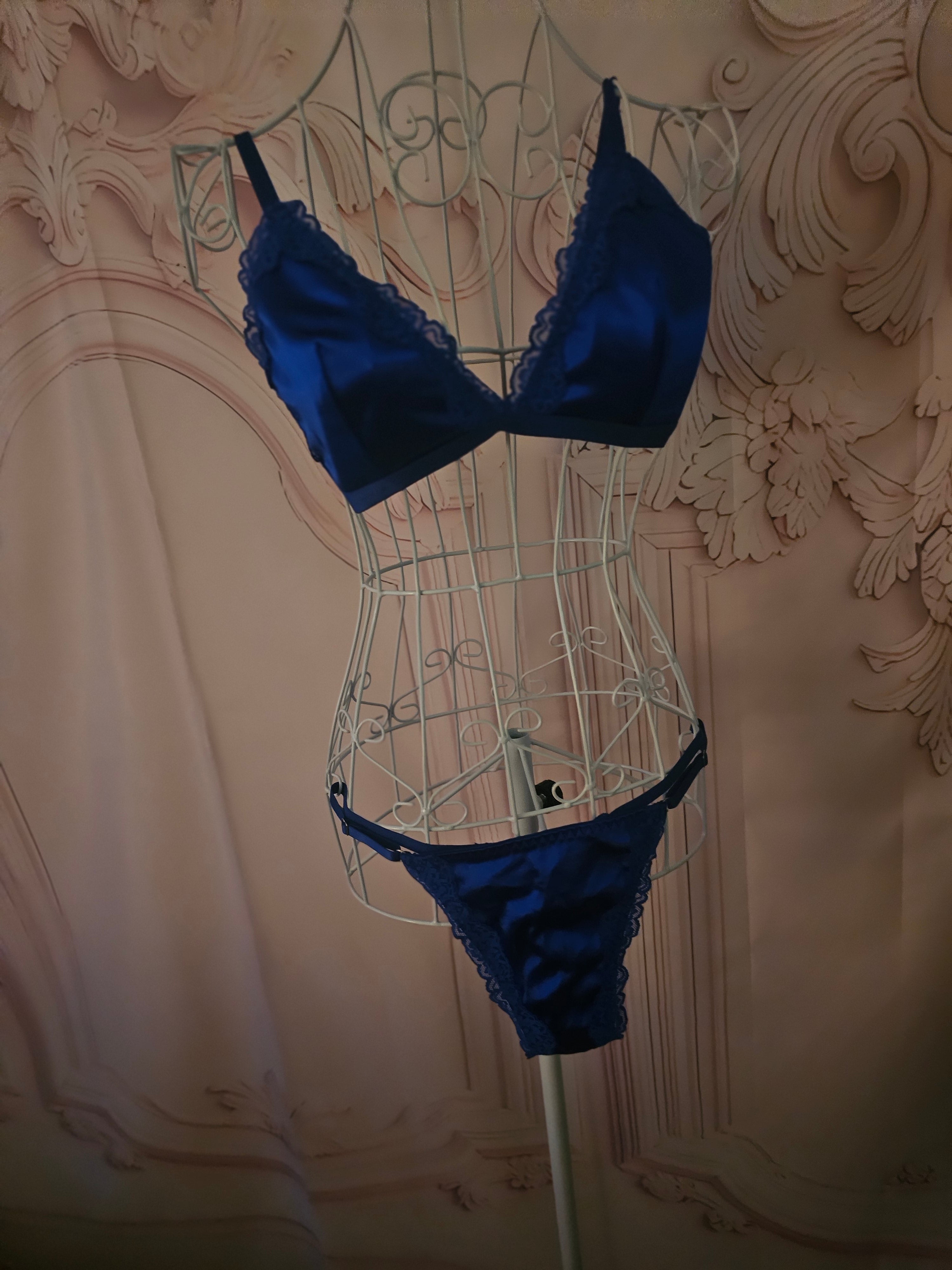Ladies Royal Blue Satin Underwear Set
