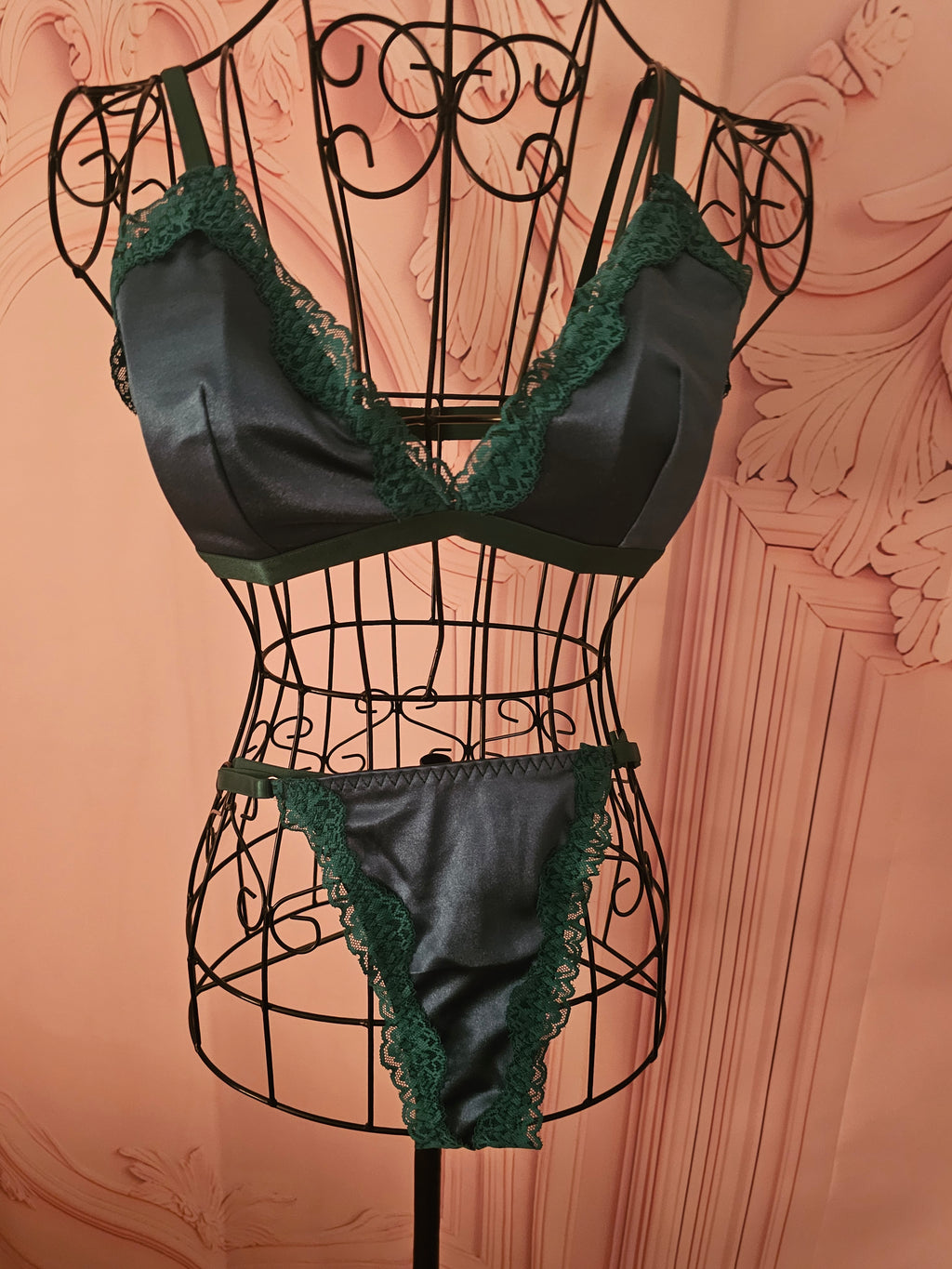 Ladies Bottle Green Satin Underwear Set