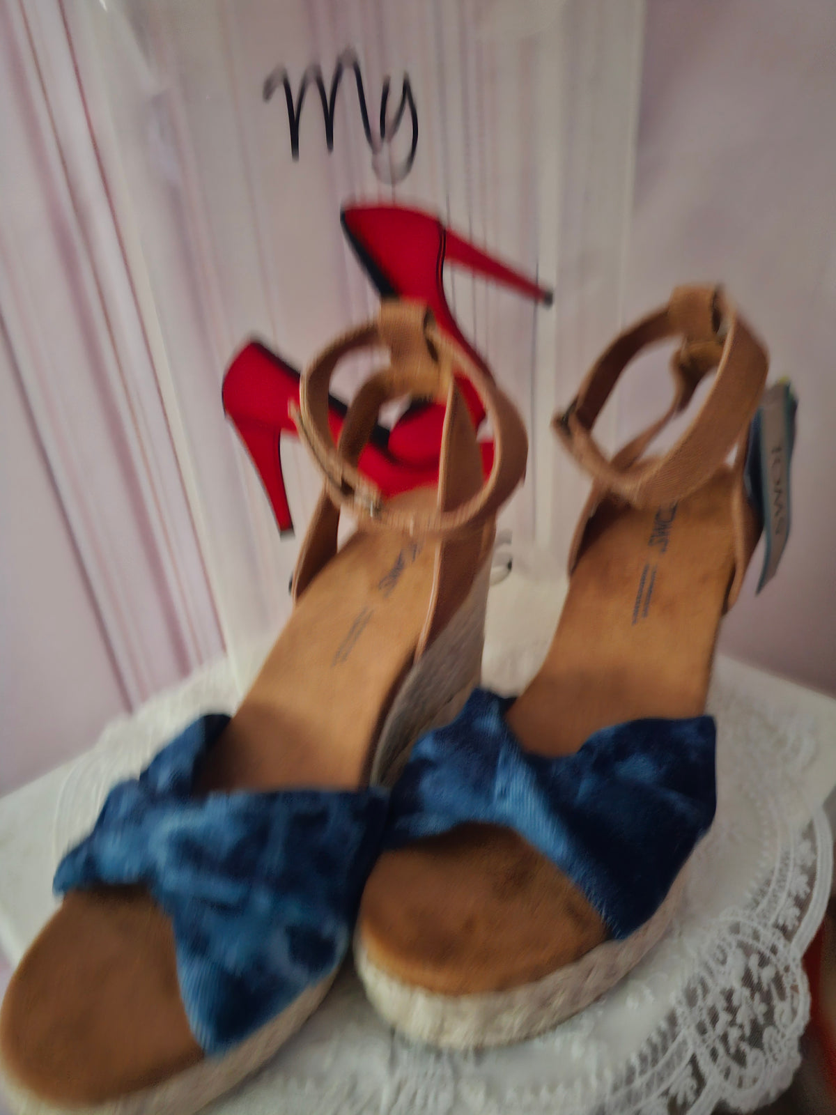 Ladies Toms Blue espadrille Wedges with brown leather ankle strap