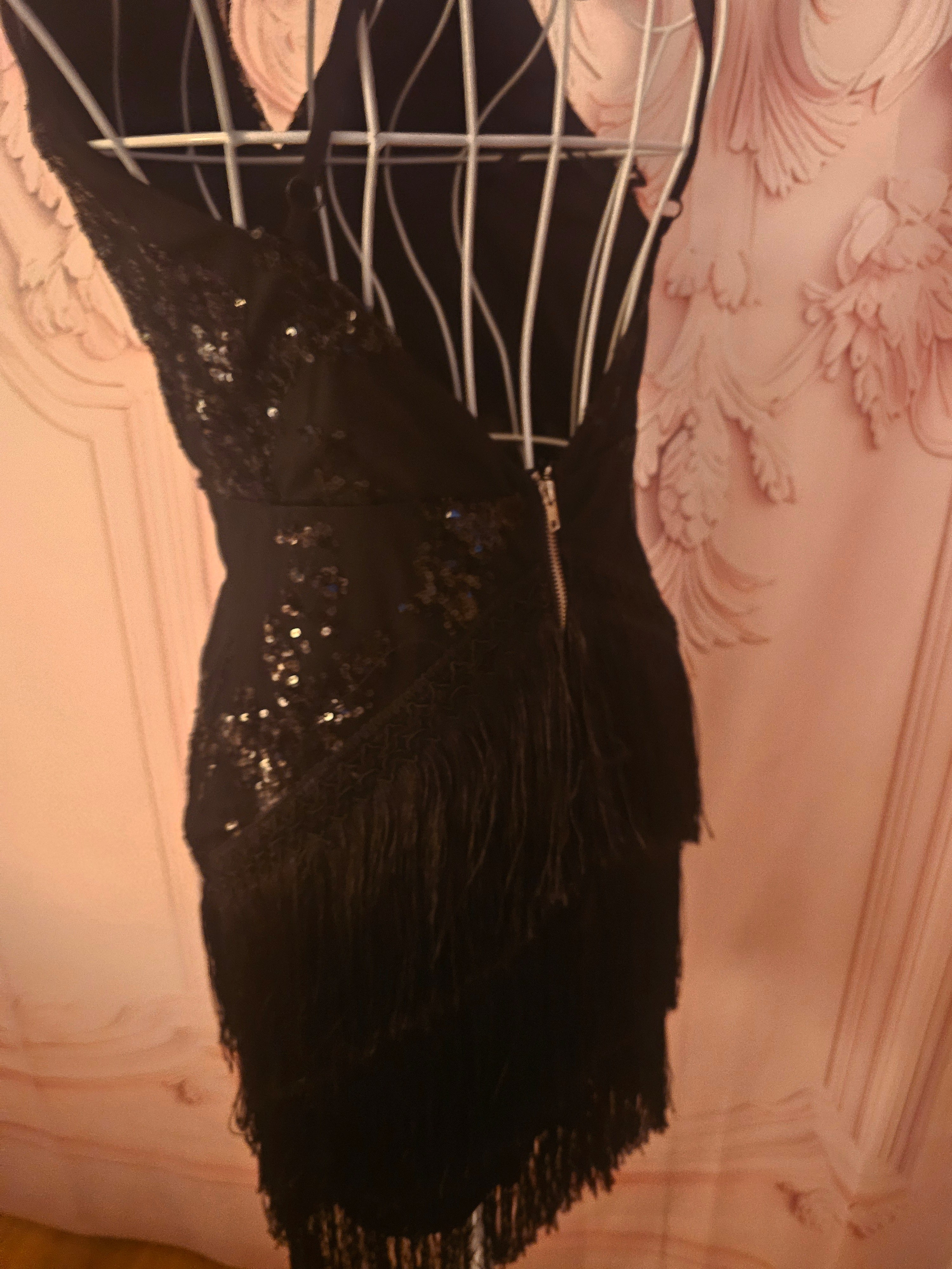 Ladies black evening sequenced fringed cocktail dress