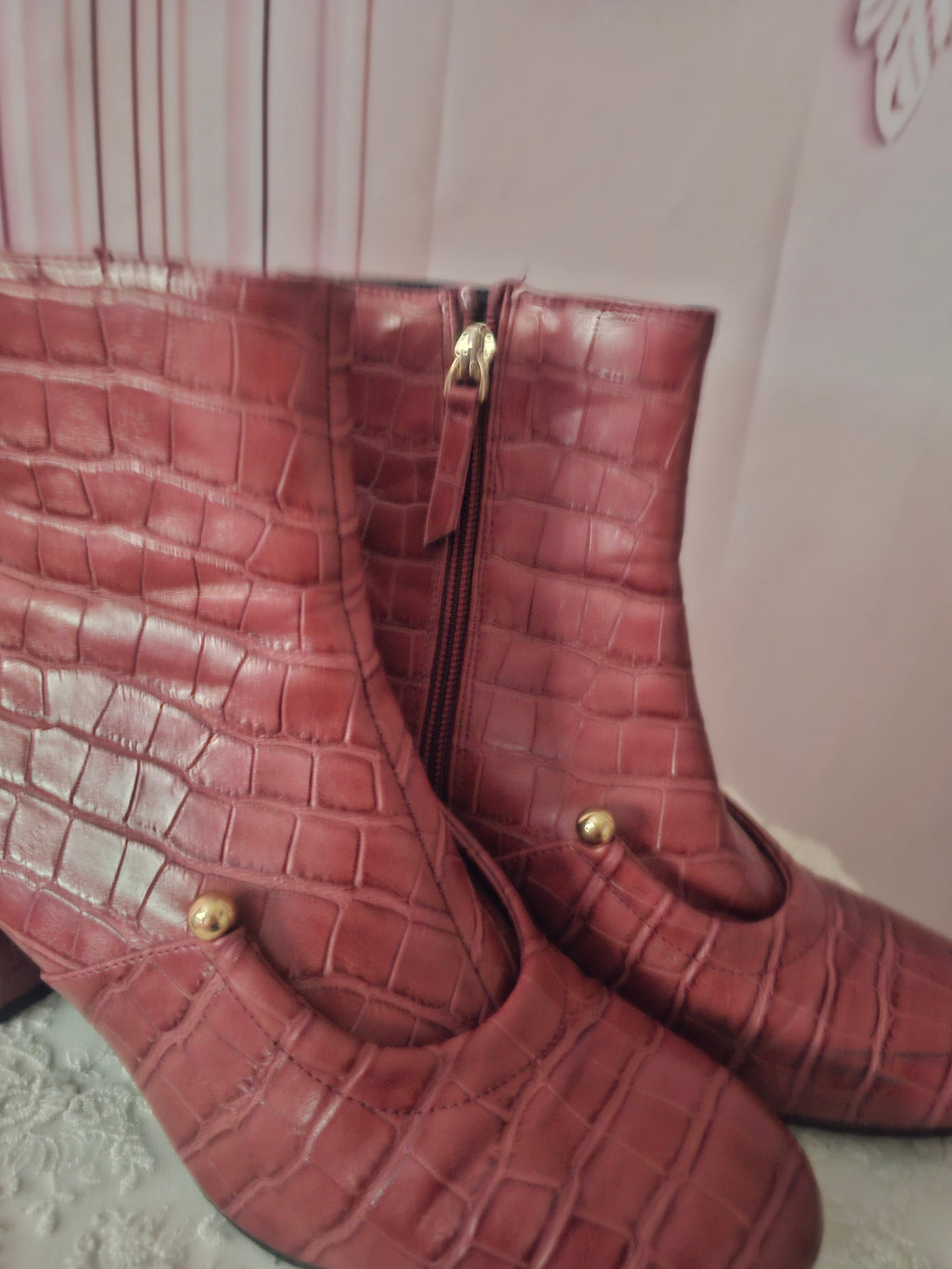 Pink Crocodile Skin Paitent Ankle Boots
