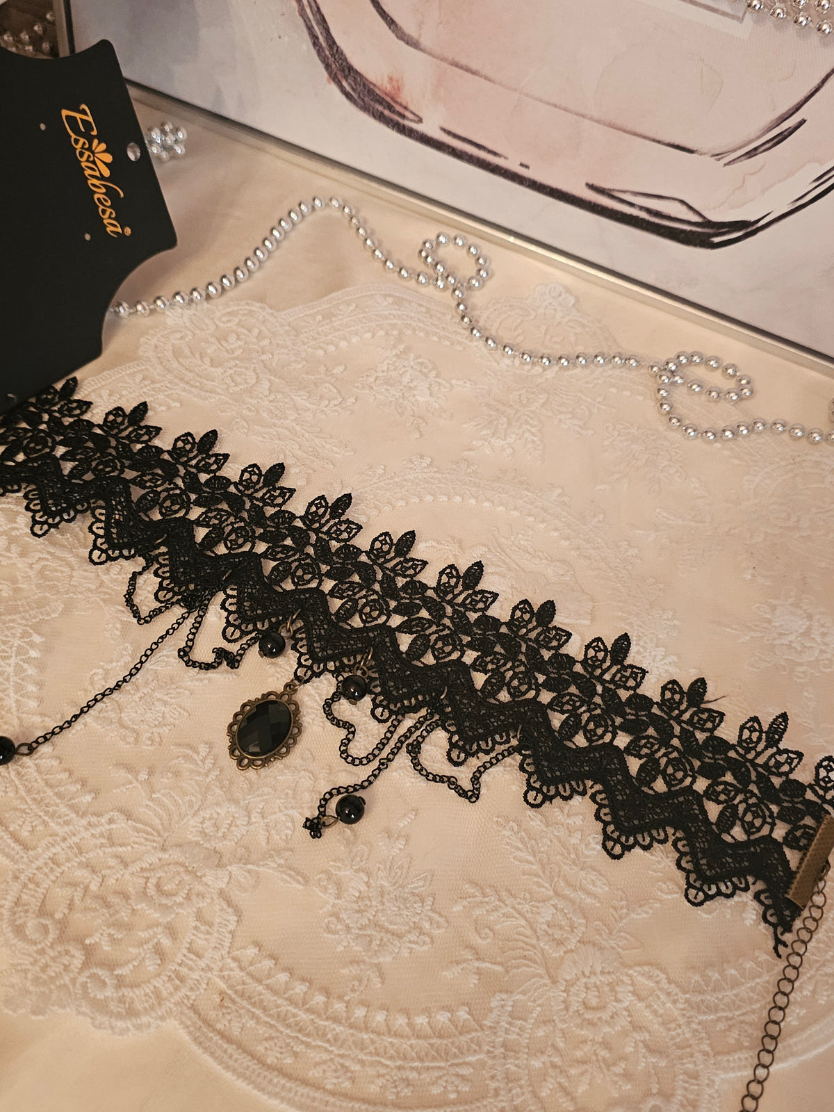 Ladies Black lacy With Jewels Choker Necklace