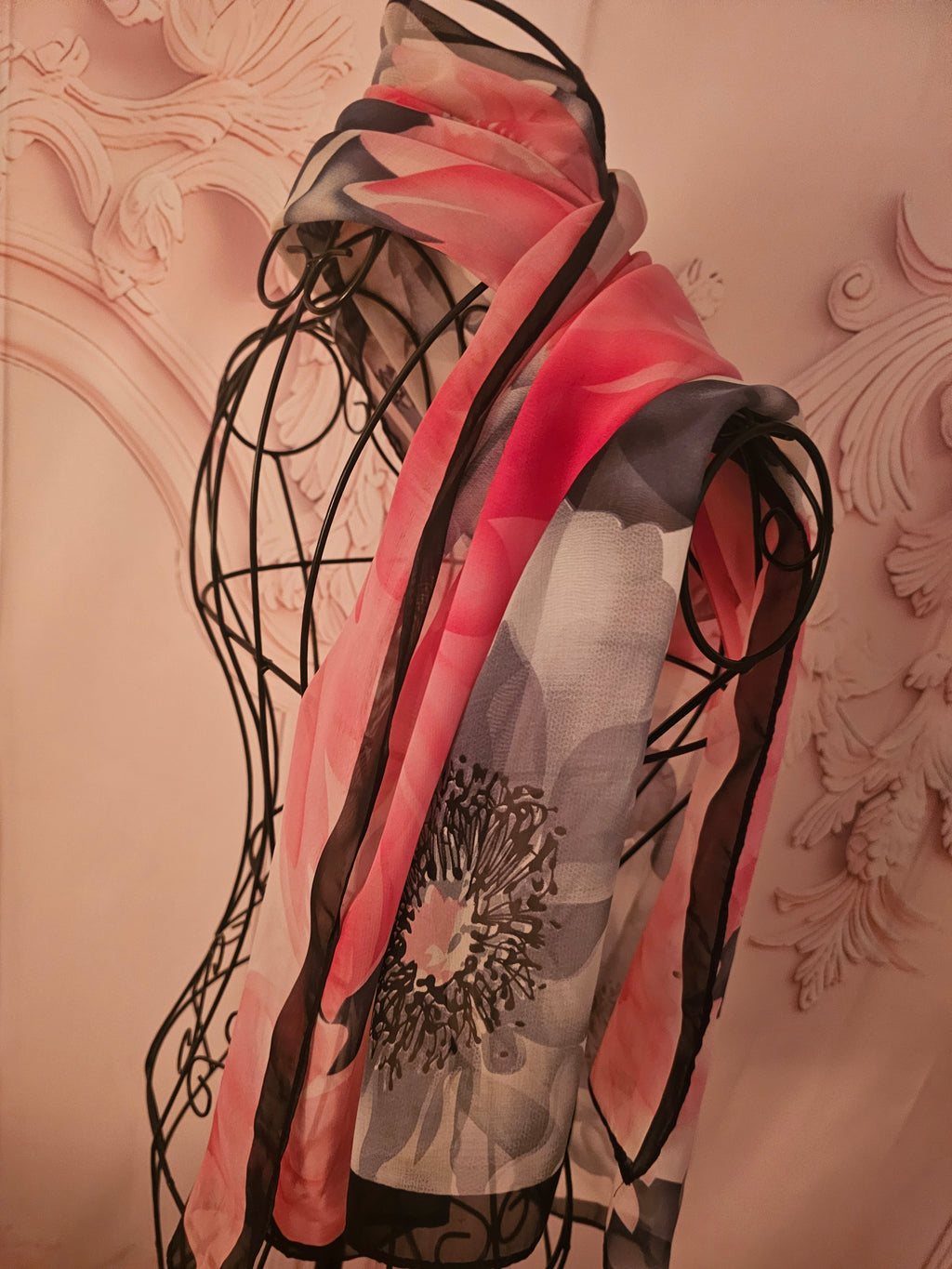 Ladies Pink, Black & White floral Design Silk Blend Neck/Head Scarf