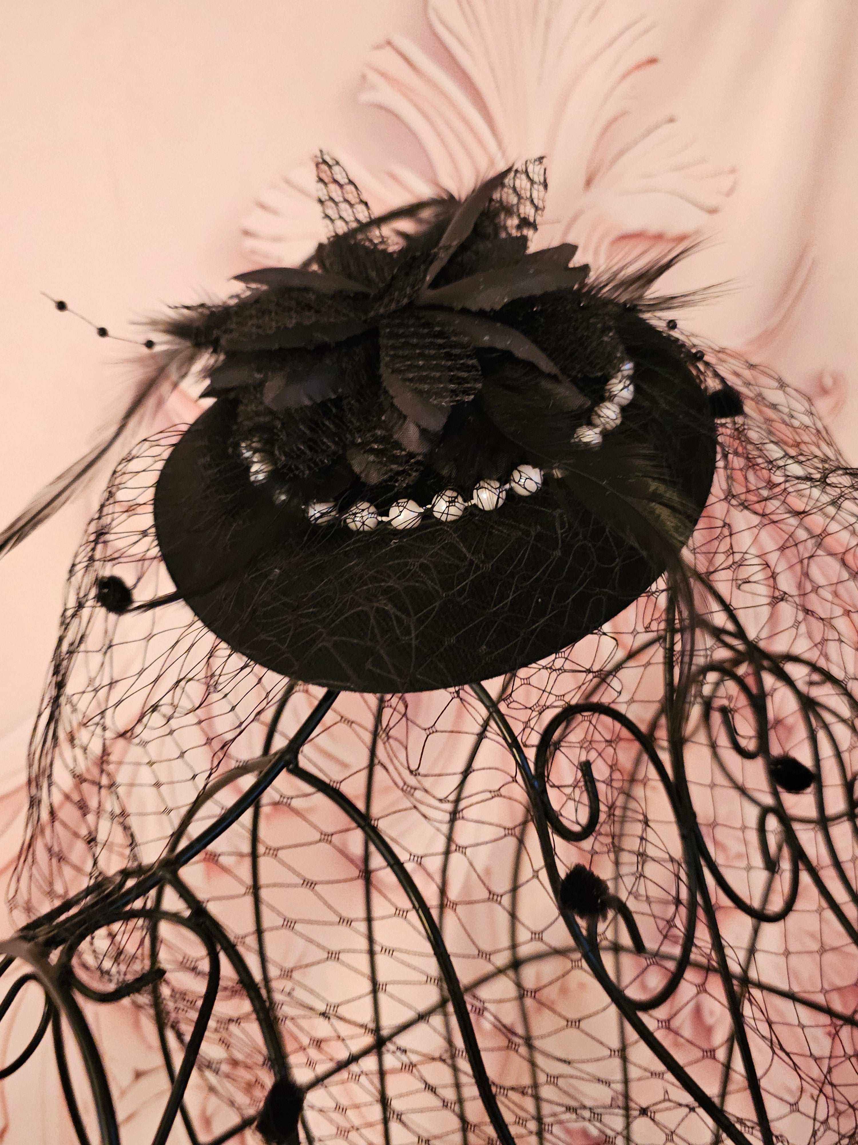 Black Netted Feather & Pearl Clip on Fascinator with matching Lacy Gloves