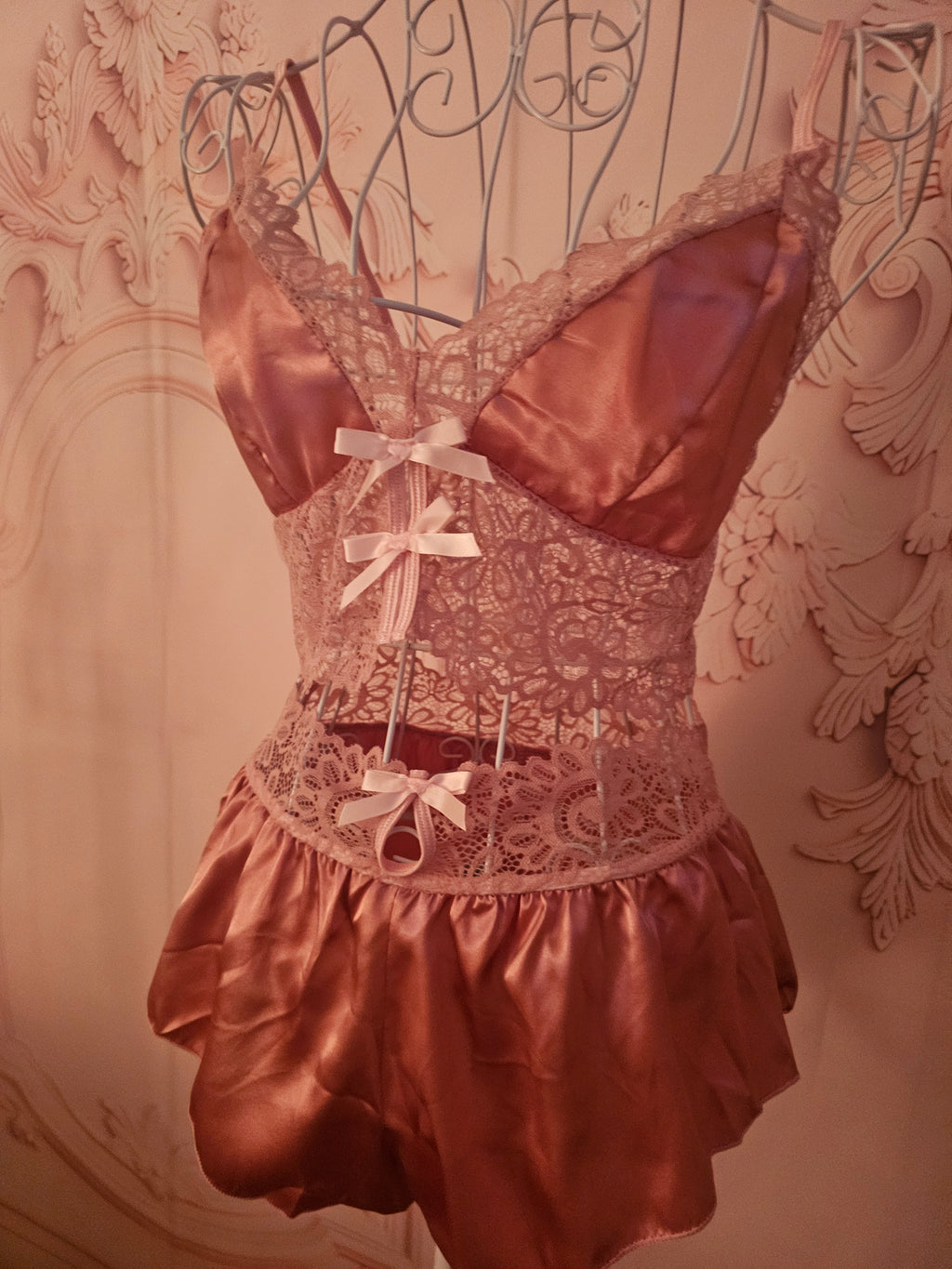 Ladies Satin Dusky Pink Baby Doll Crop Top & French Satin Knickers Underwear Set