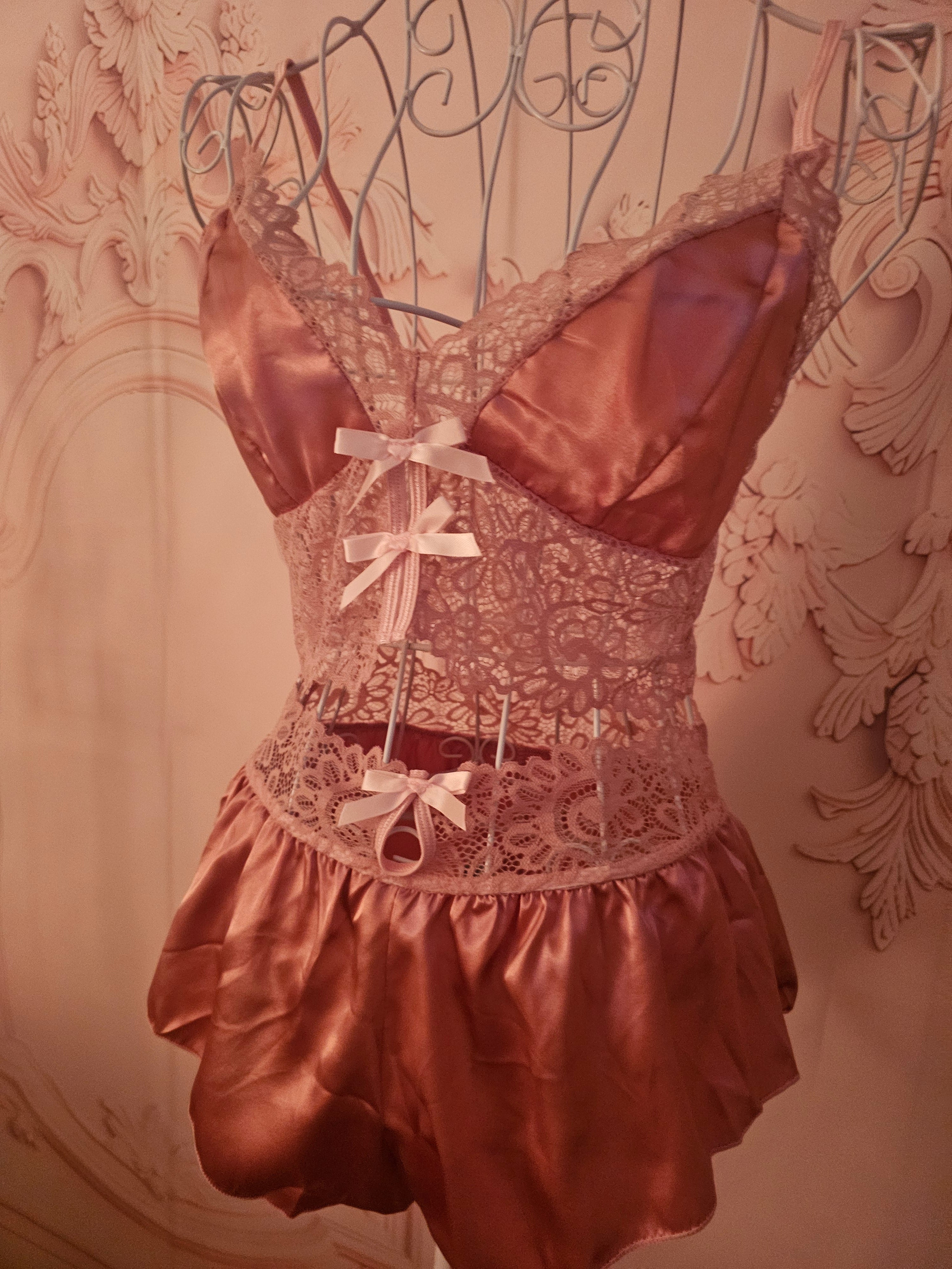 Ladies Satin Dusky Pink Baby Doll Crop Top & French Satin Knickers Underwear Set