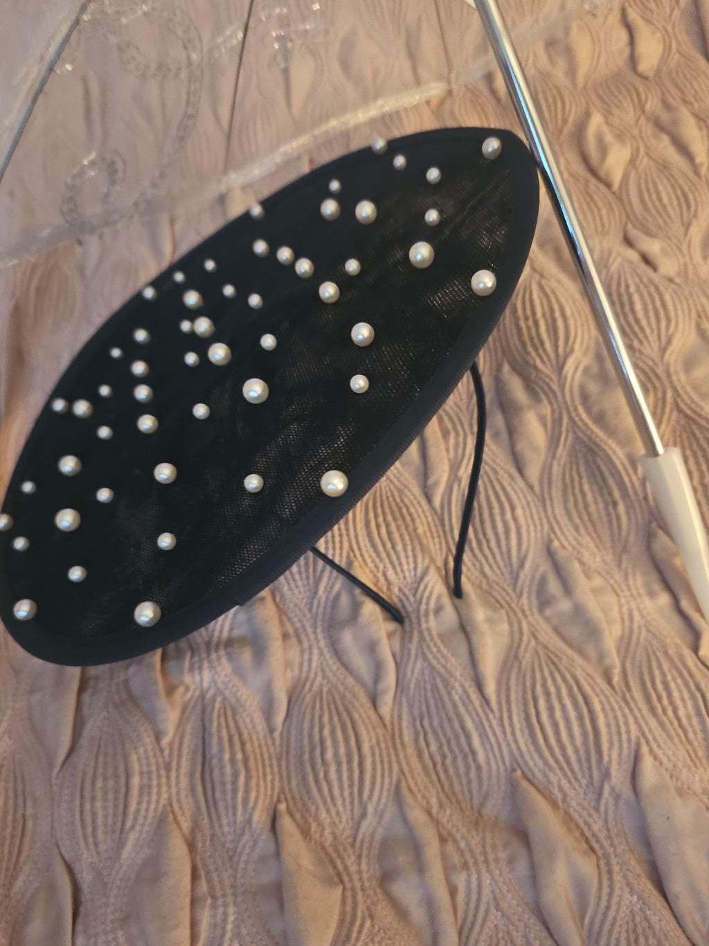 Ladies Navy Blue with Pearl Drop Design Fascinator