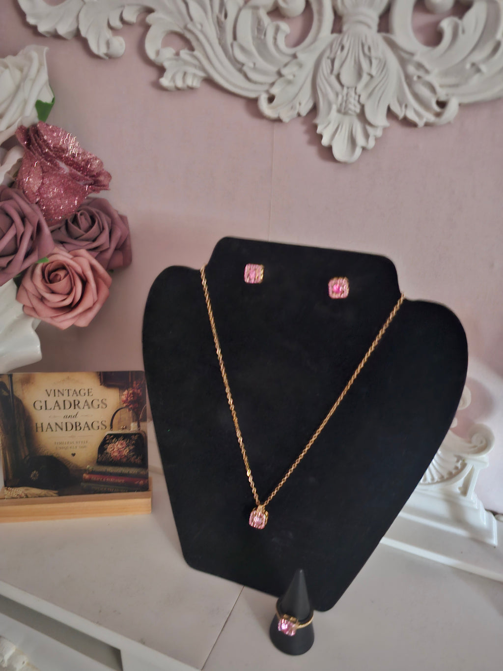 Ladies Pink Square Diamonte Jewellery Set