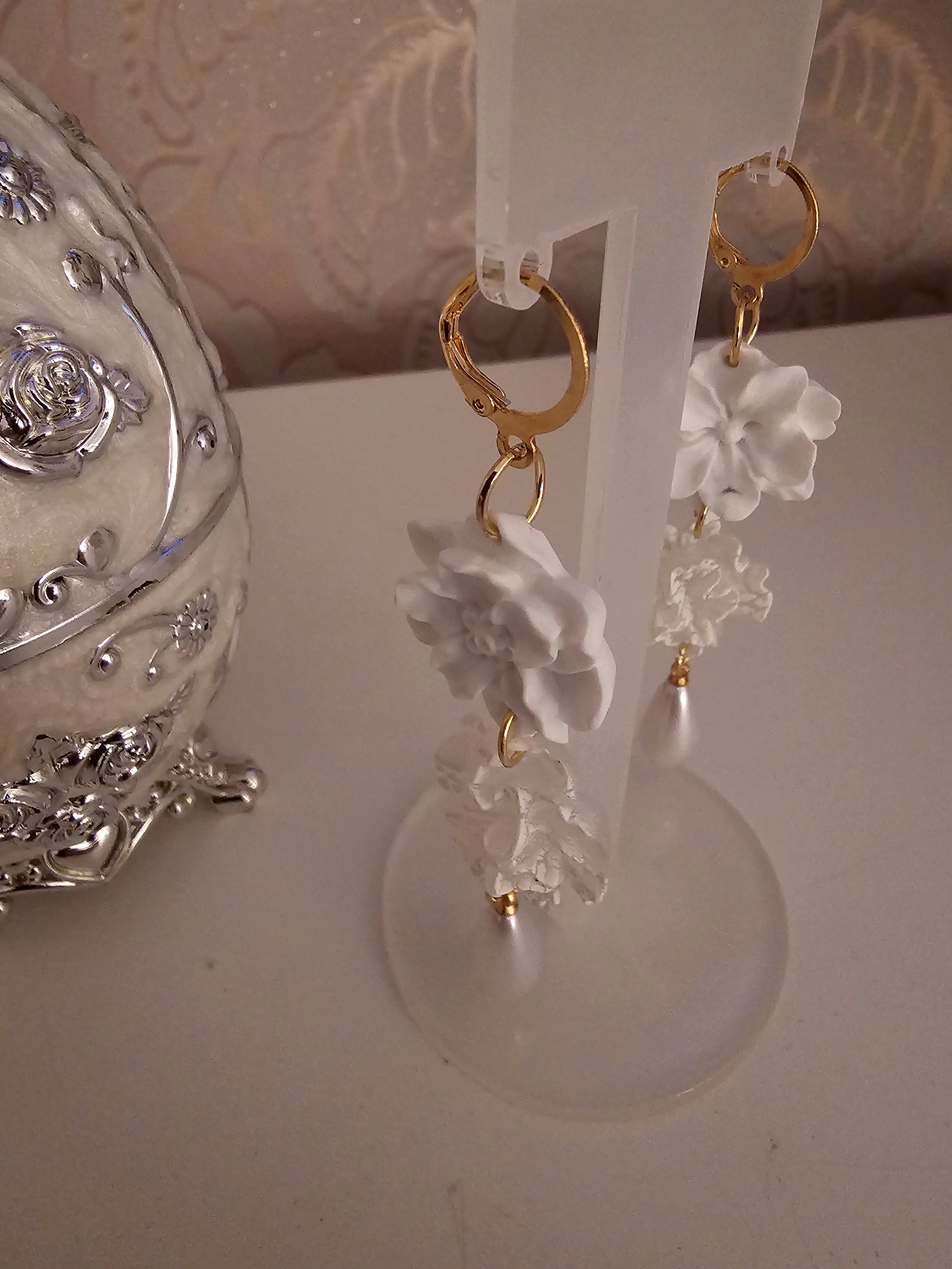 Ladies White Flower Pendant Earrings