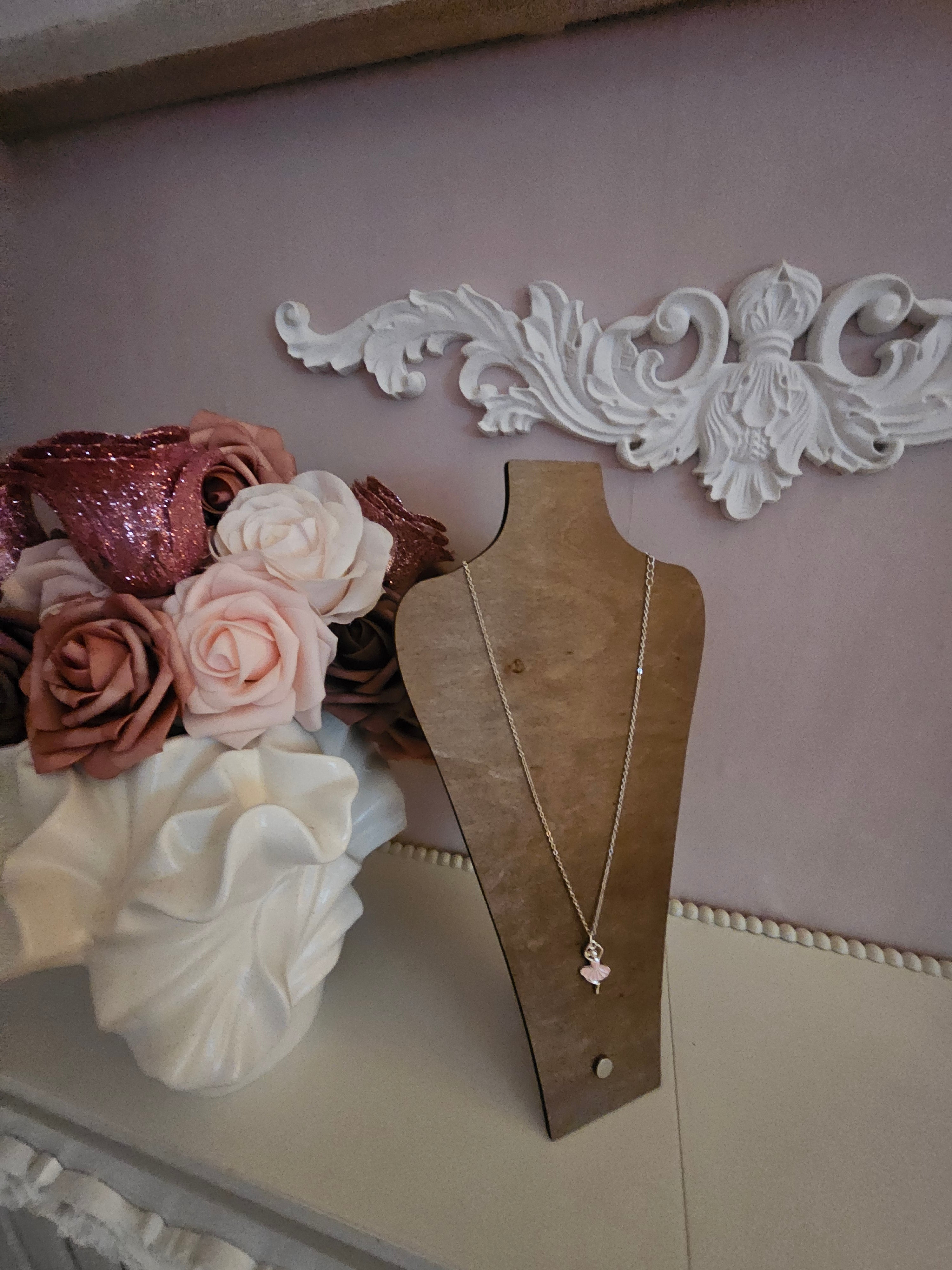 Dainty pink ballerina pendant on silver necklace