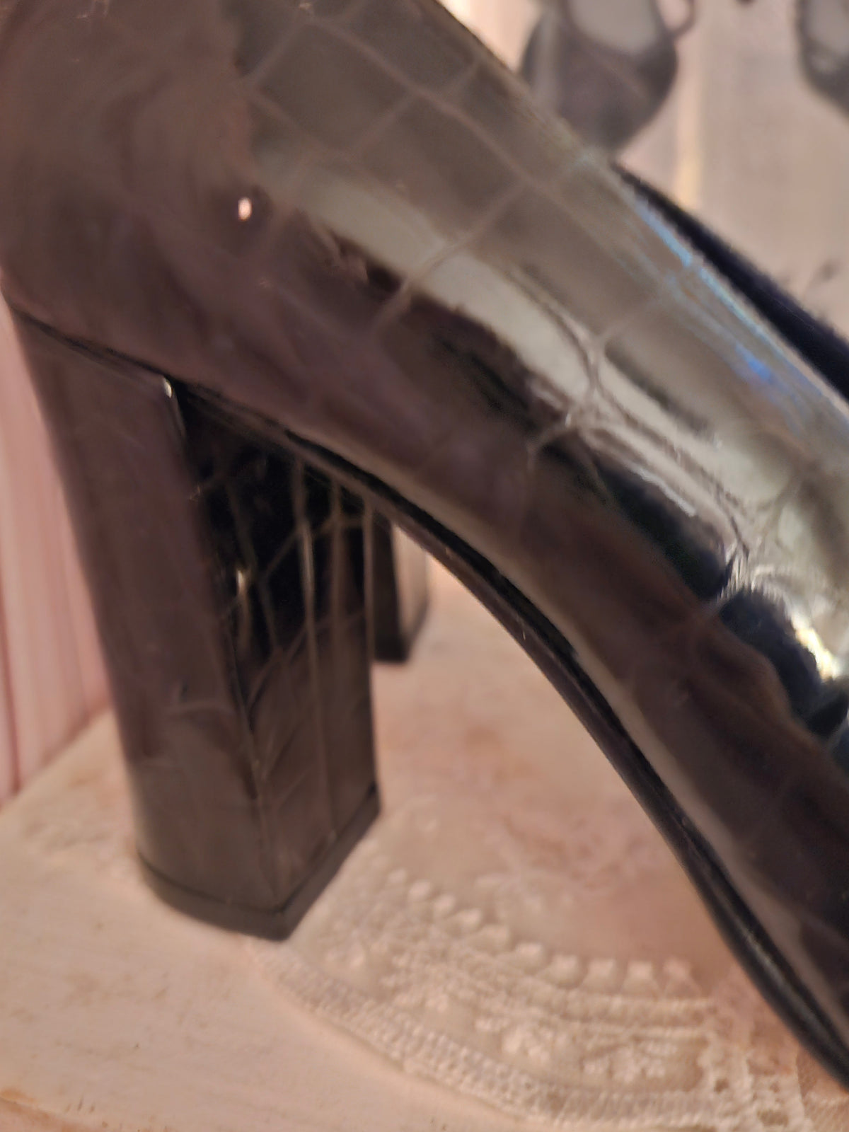 Ladies Russell & Bromley Black Paitent Crocodile Block Heels