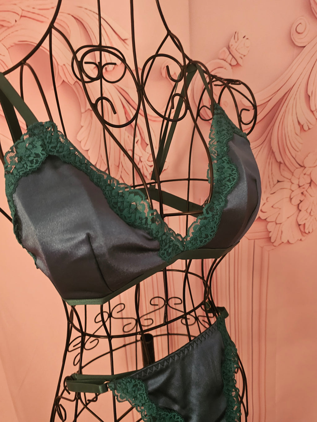 Ladies Bottle Green Satin Underwear Set