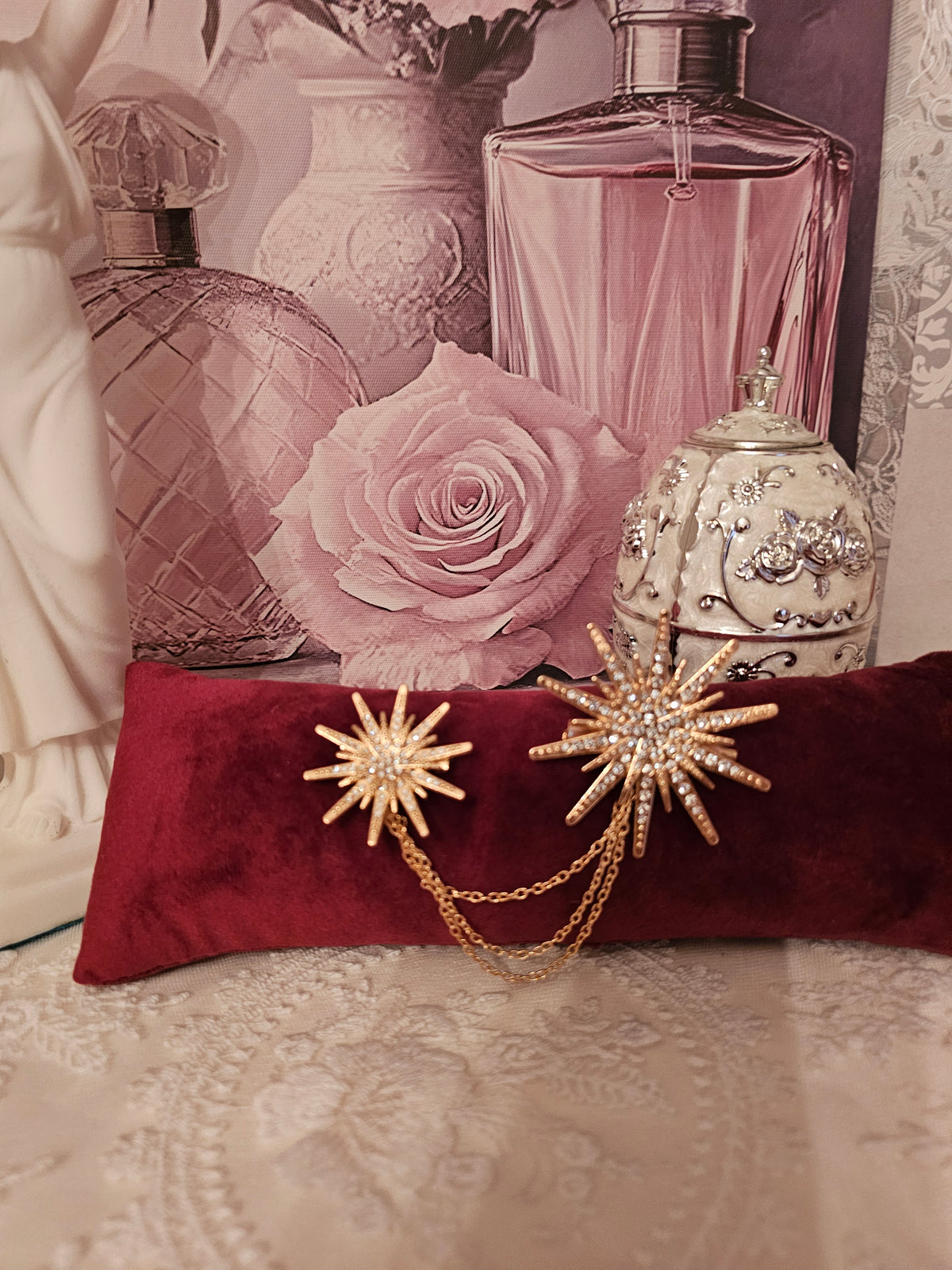 Ladies Classy Double Gold Diamonte Starburst with attached Chain Brooch