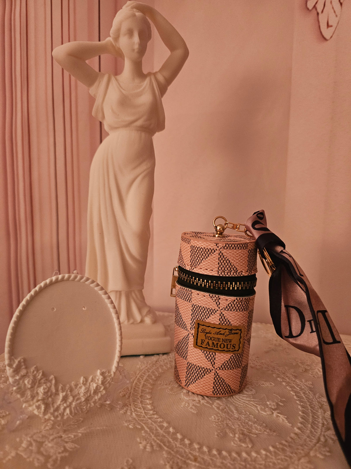 Ladies pink check Lipstick or Key holder