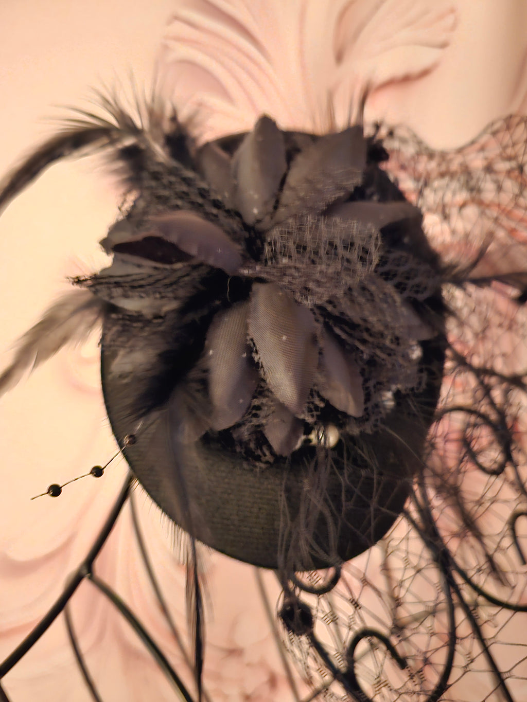 Black Netted Feather & Pearl Clip on Fascinator with matching Lacy Gloves