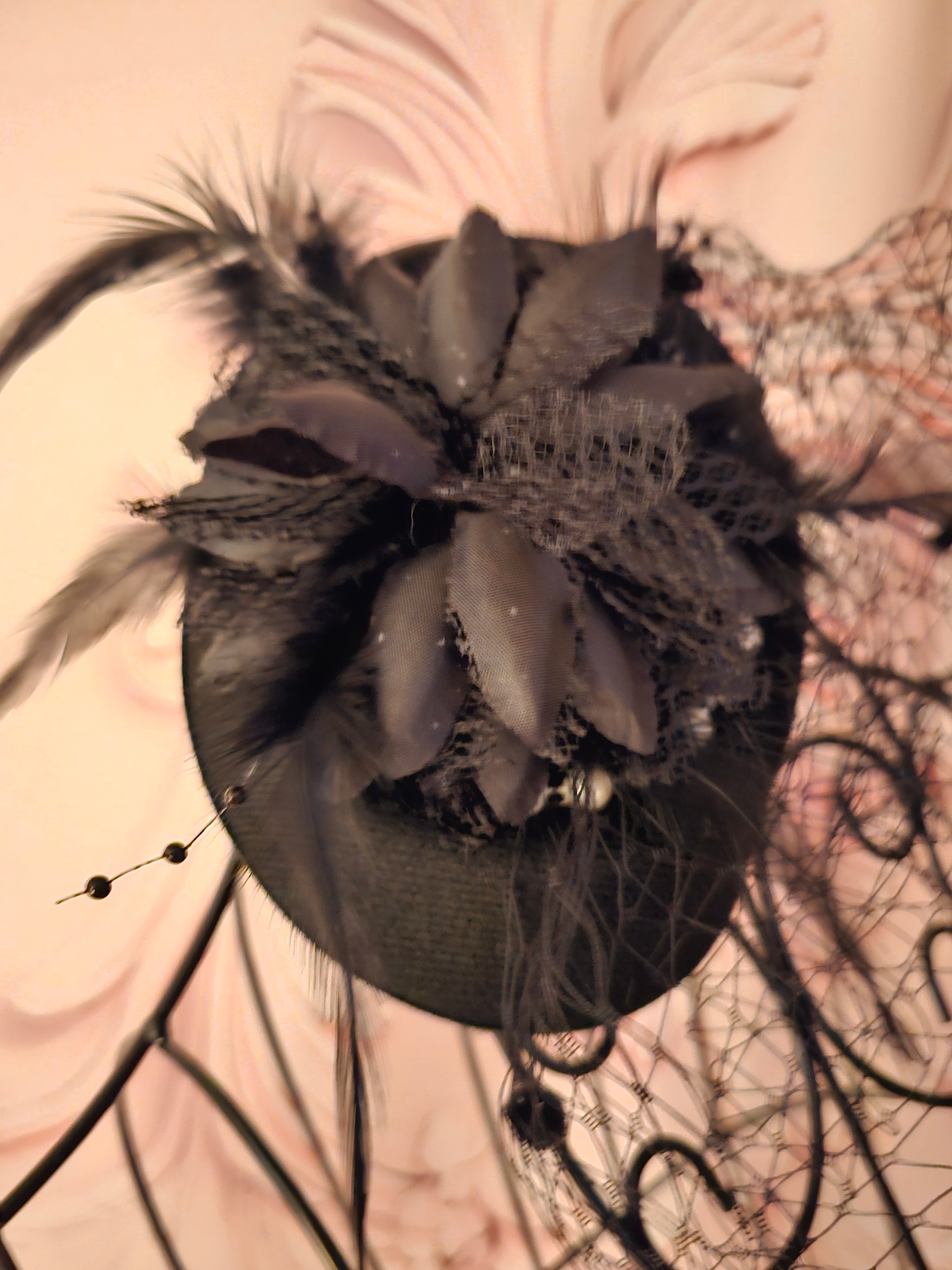Black Netted Feather & Pearl Clip on Fascinator with matching Lacy Gloves