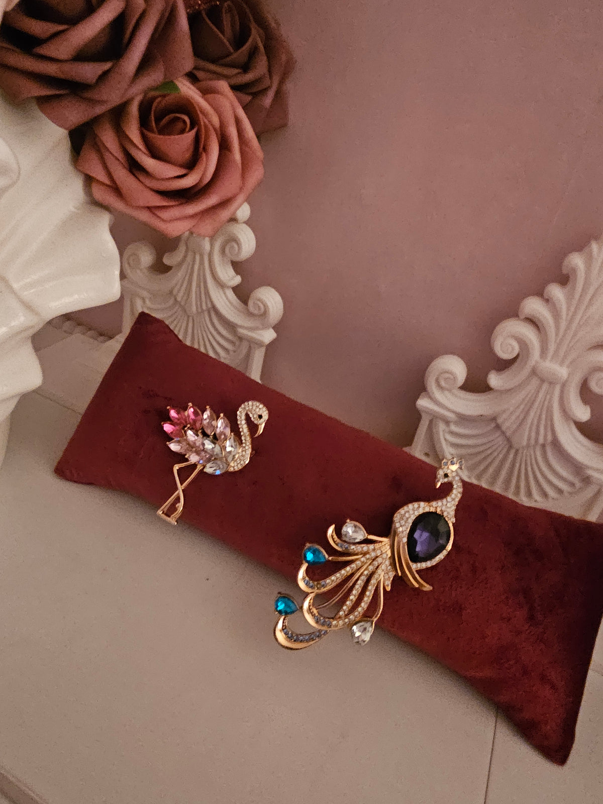Ladies diamond set flamingo & peacock stunning brooches