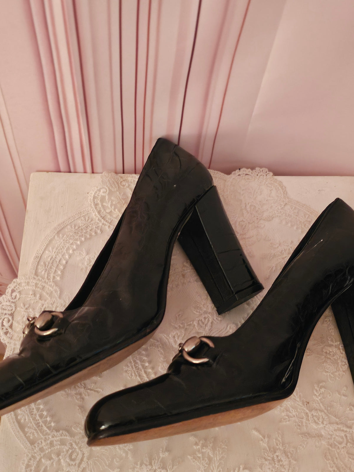 Ladies Russell & Bromley Black Paitent Crocodile Block Heels