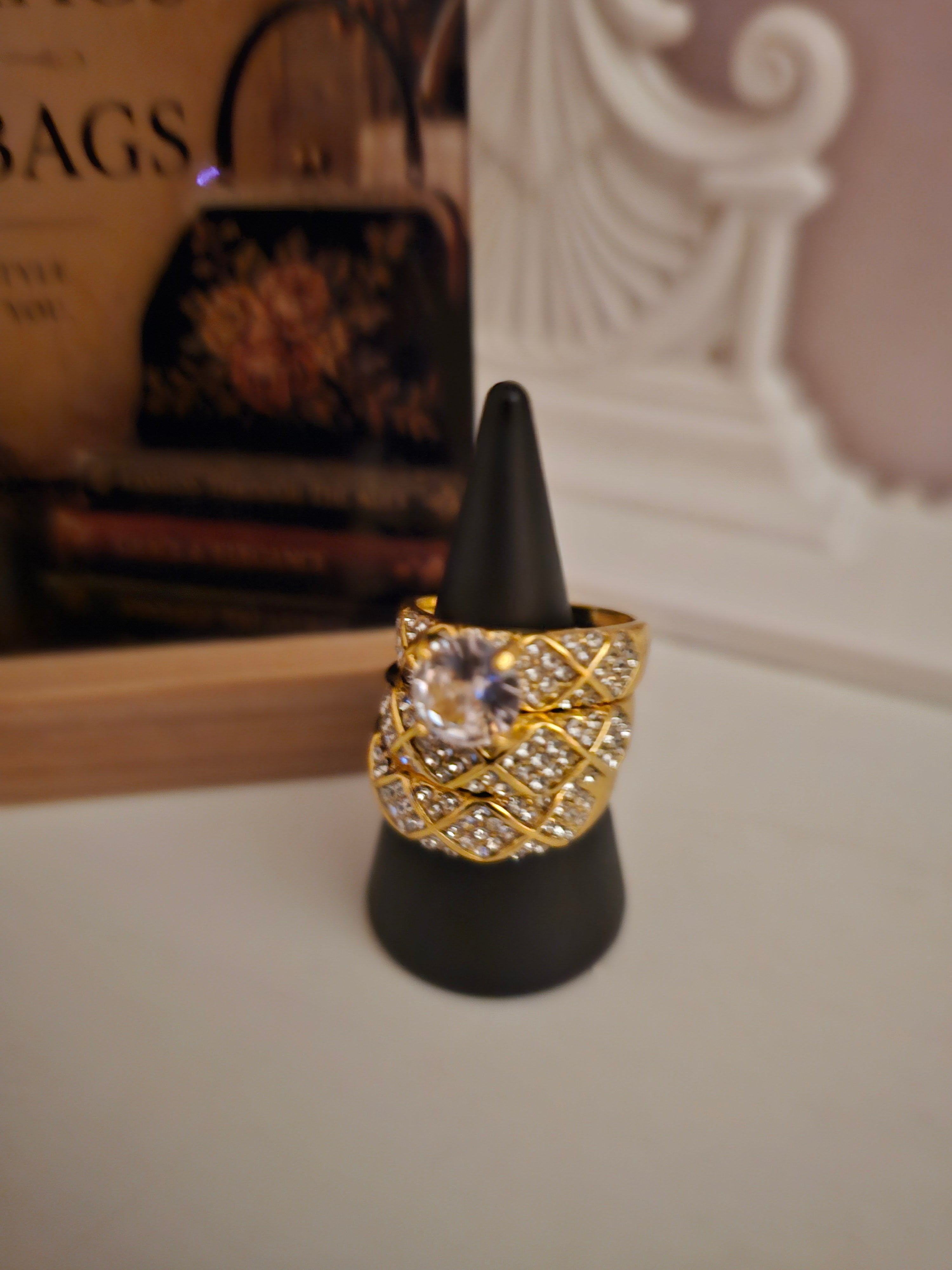 Ladies Yellow Gold set of 3 Dress Rings with diamonte settings